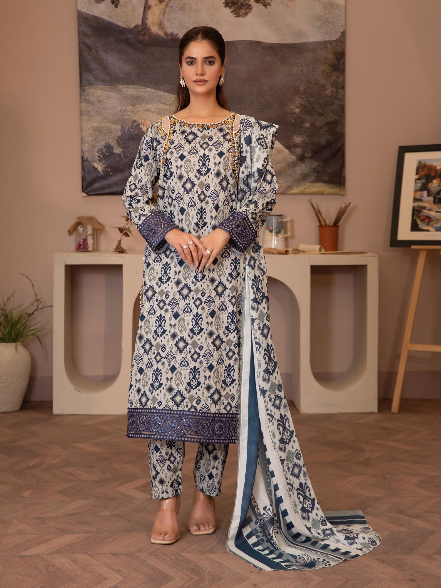 Off-White & Blue Digital Print Lawn-Cotton 3-Piece Suit