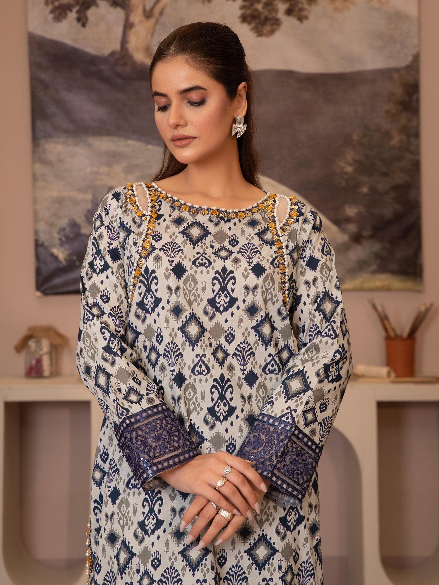 Off-White & Blue Digital Print Lawn-Cotton 3-Piece Suit