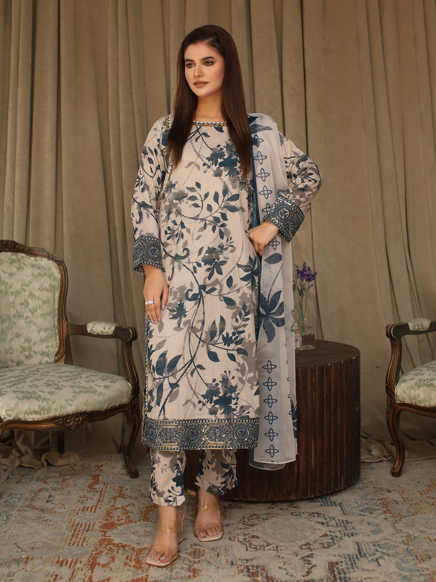 Beige & Teal Digital Lawn-Cotton 3-Piece Suit