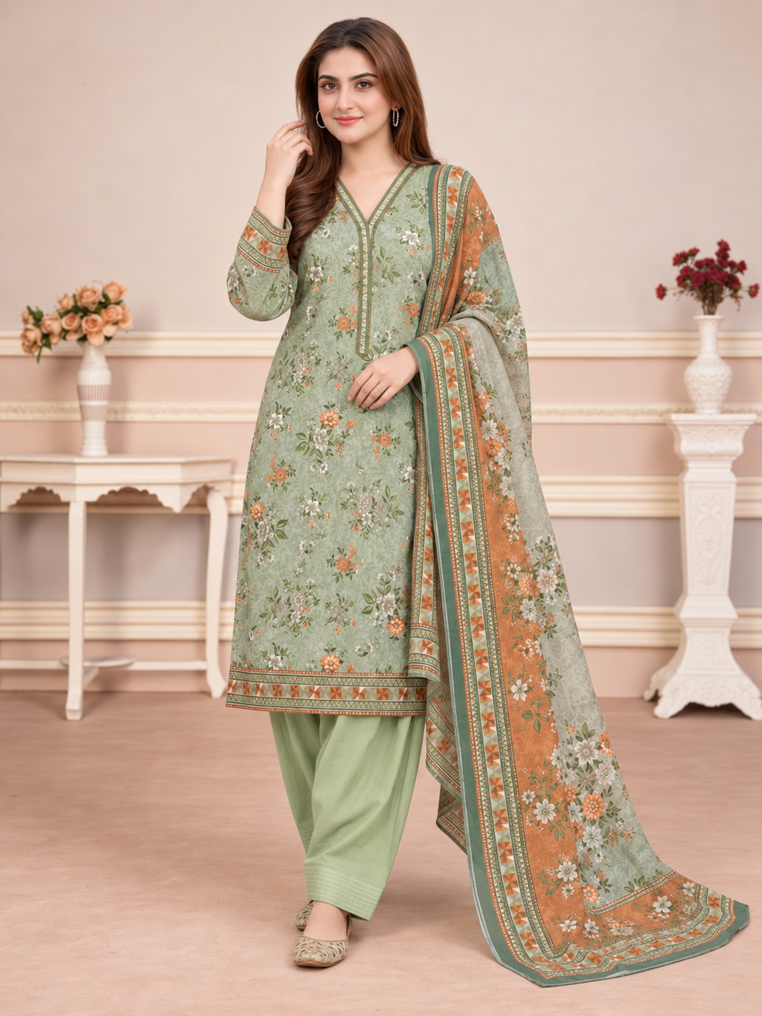 MOMINA Shalwar Kameez in Soft Premium Printed Lawn - Light Green