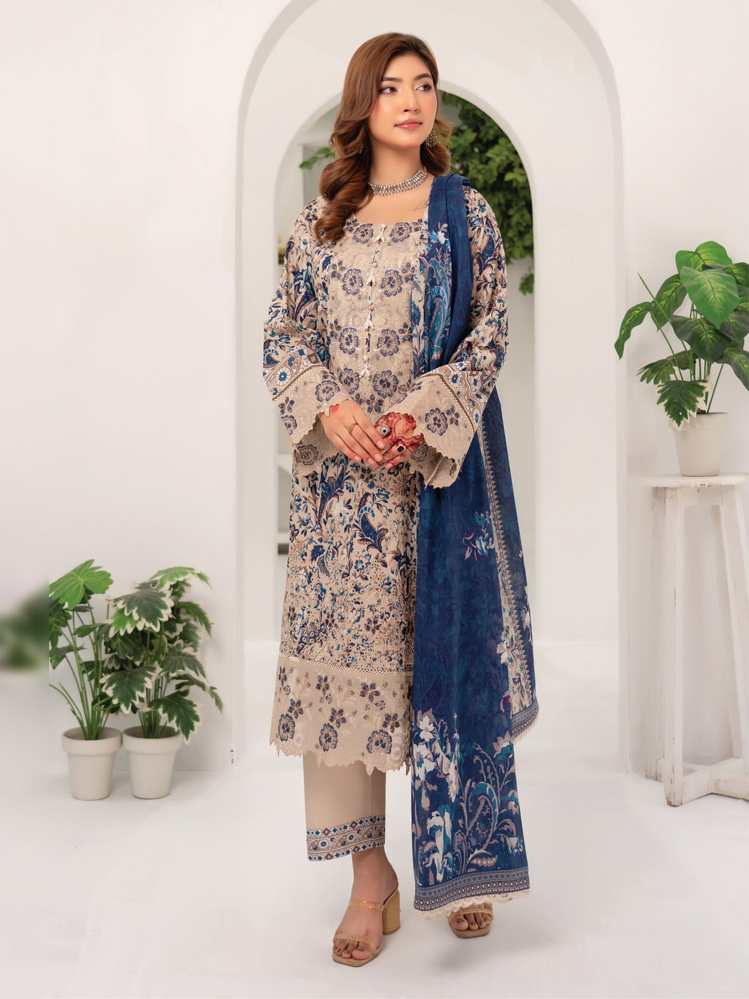 Munira Embroidered Lawn Suit (Vol.47 - D01) - Beige & Navy
