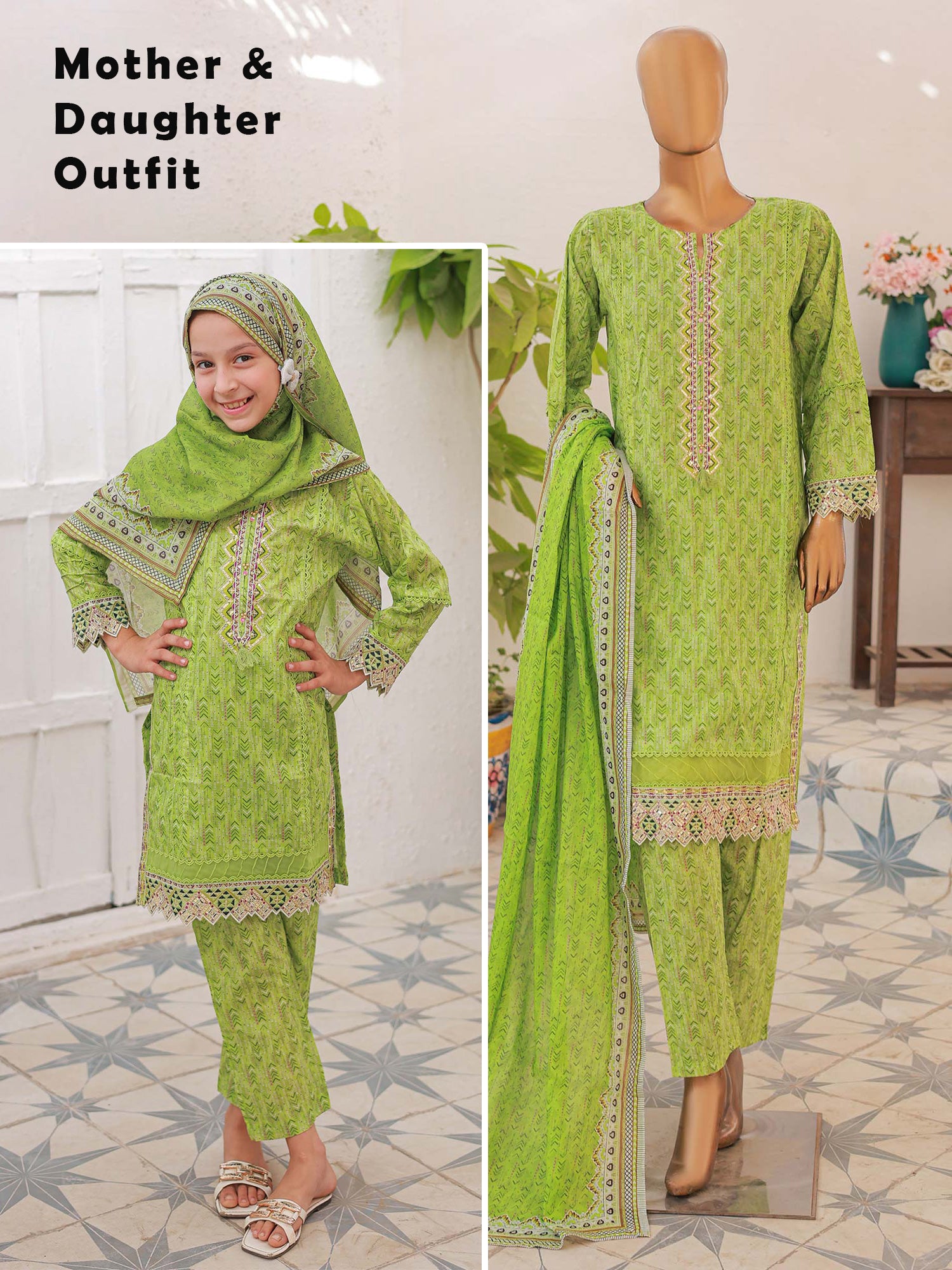 Mother-Daughter Lawn Casual 3-Piece Suit - Lime Green