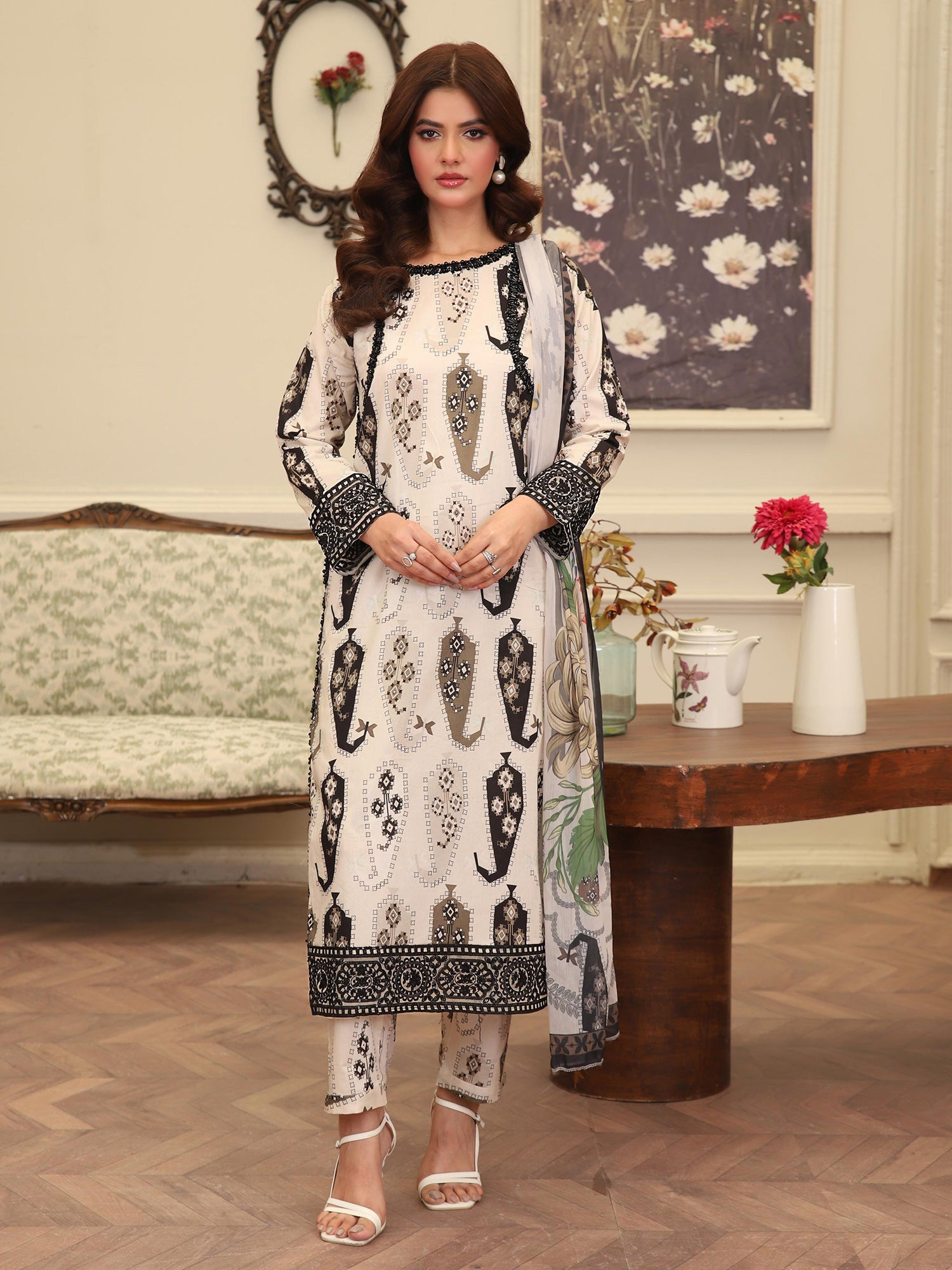 Off-White & Black Digital Print Lawn-Cotton 3-Piece Suit