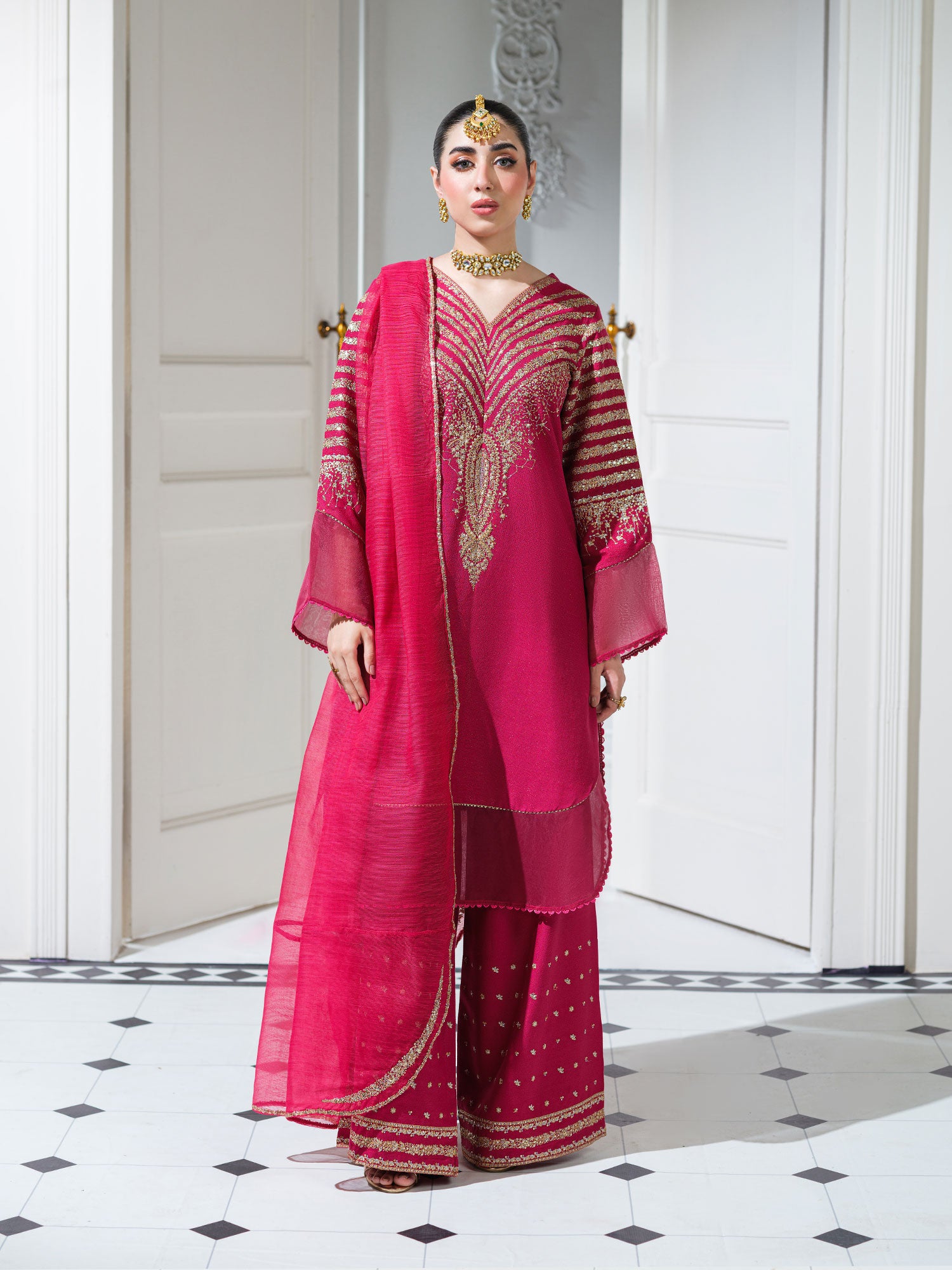 Heera's Embroidered Dhanak 3-Piece Suit - Eterna Rose