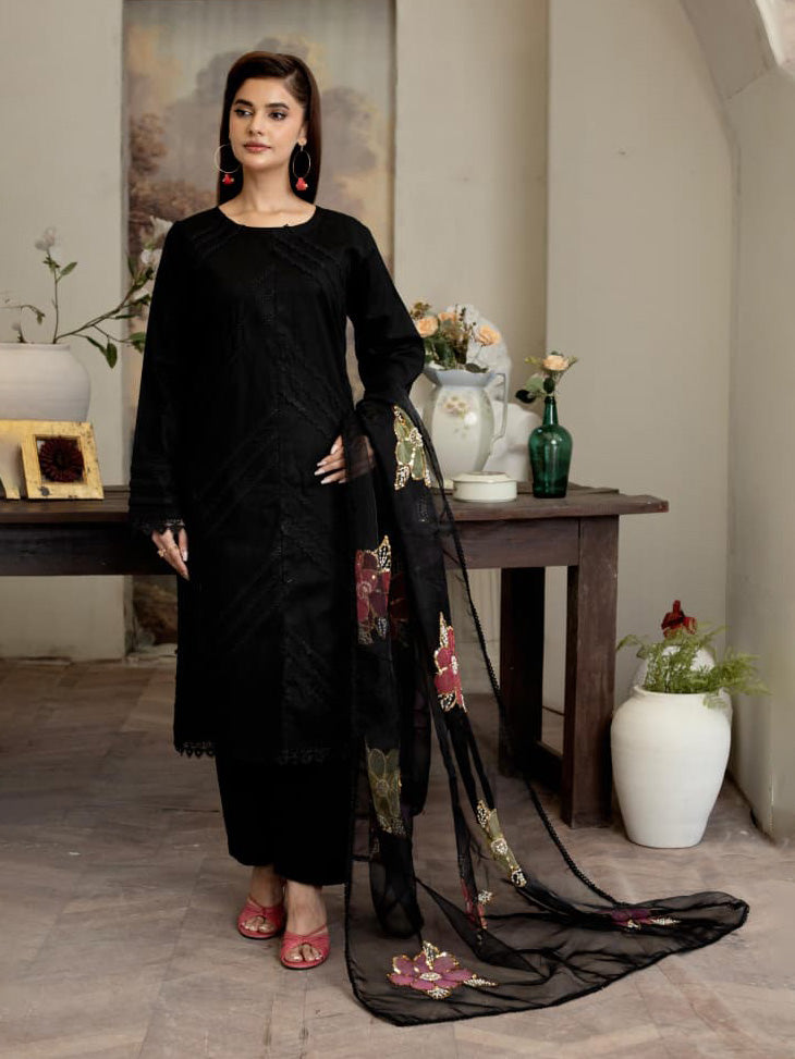 Black Embroidered Winter Cotton Suit