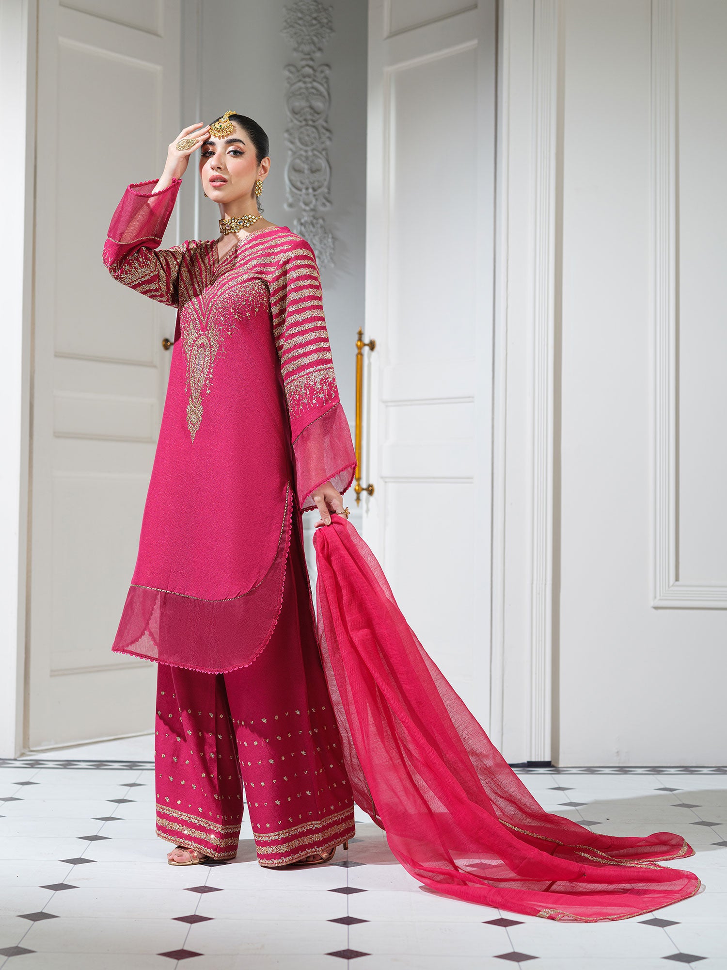 Heera's Embroidered Dhanak 3-Piece Suit - Eterna Rose
