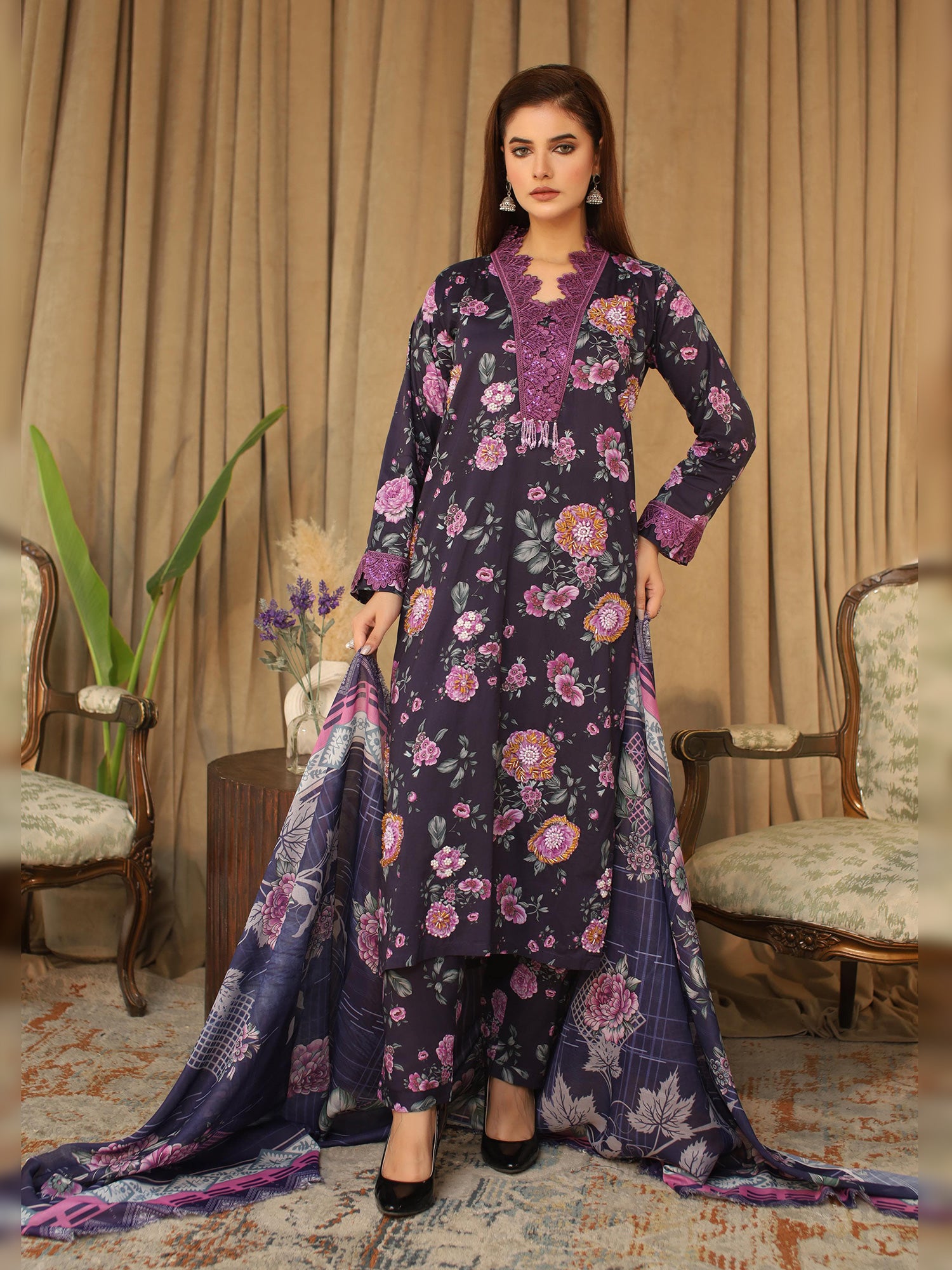 Deep Purple Digital Lawn-Cotton 3-Piece Suit