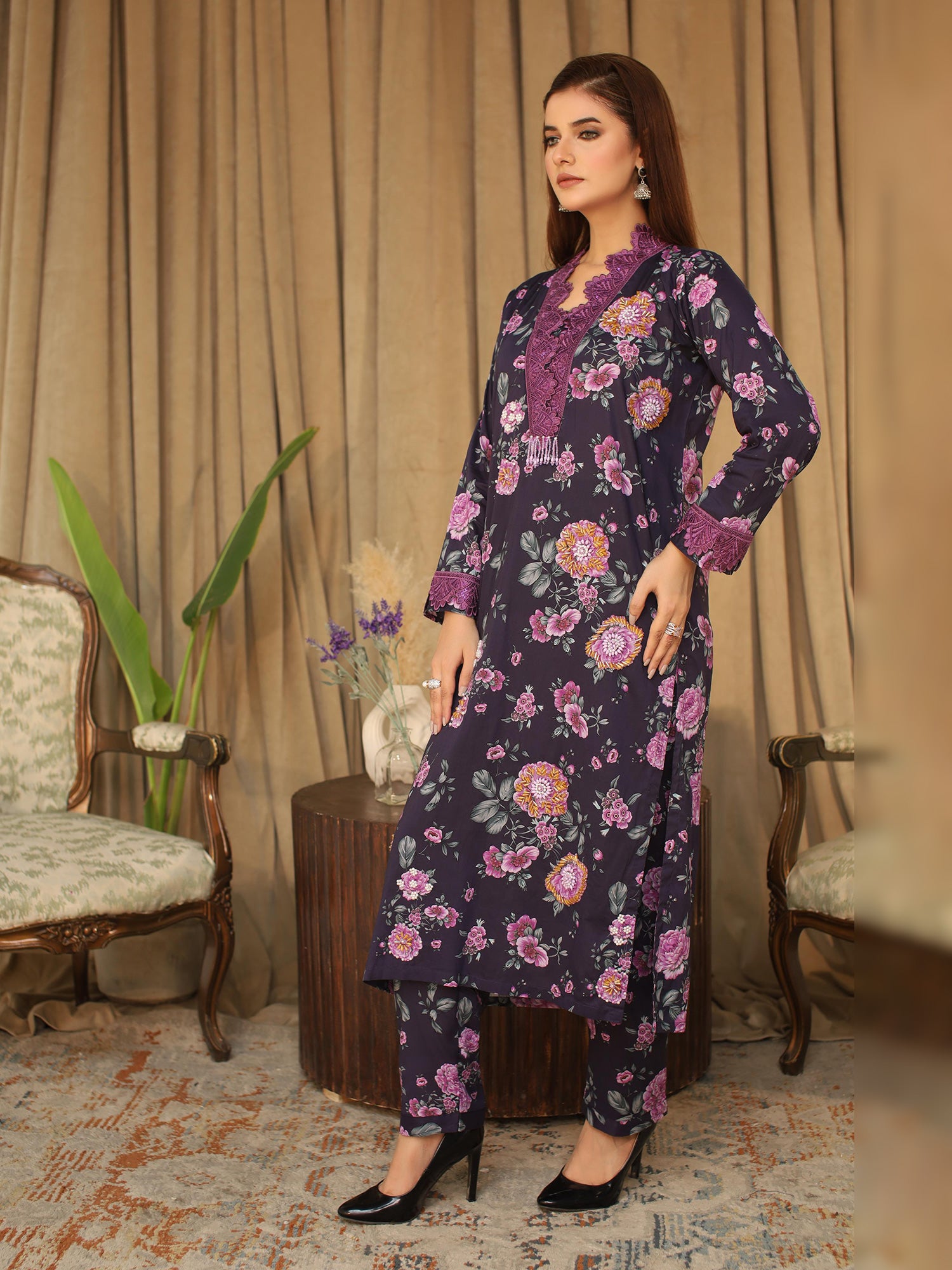 Deep Purple Digital Lawn-Cotton 3-Piece Suit