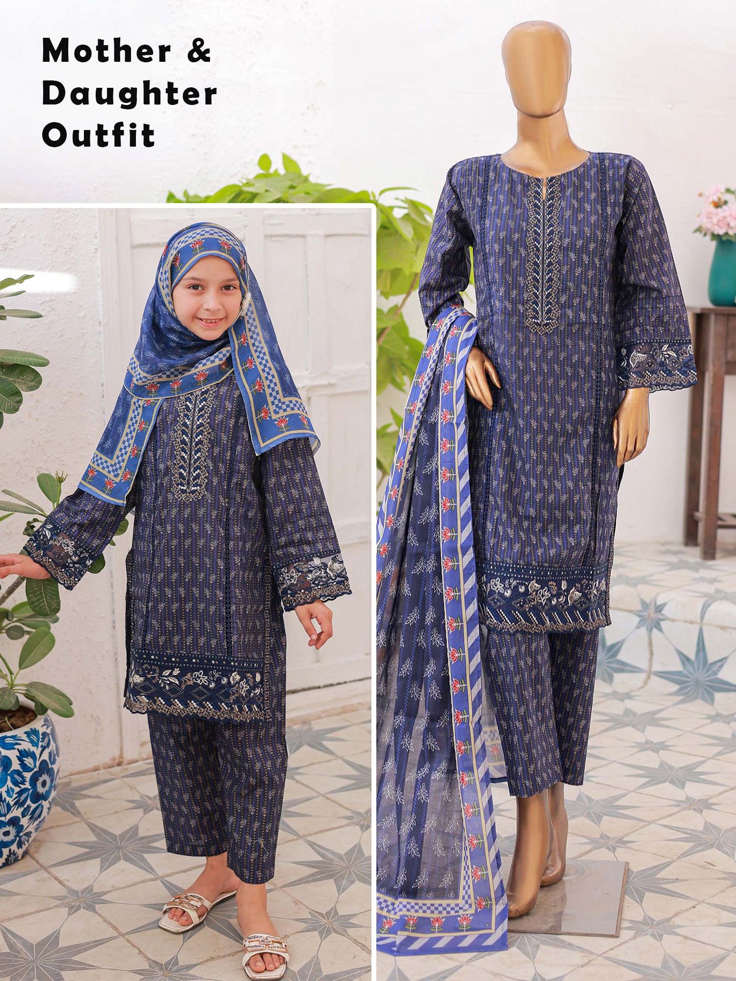 Mother-Daughter Lawn Casual 3-Piece Suit - Blue