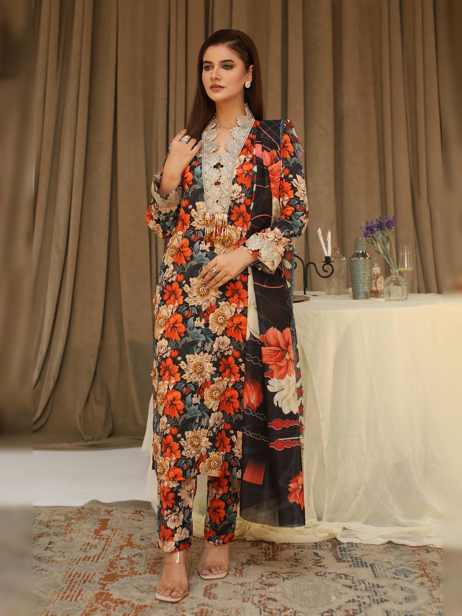 Black & Red Floral Digital Lawn-Cotton 3-Piece Suit