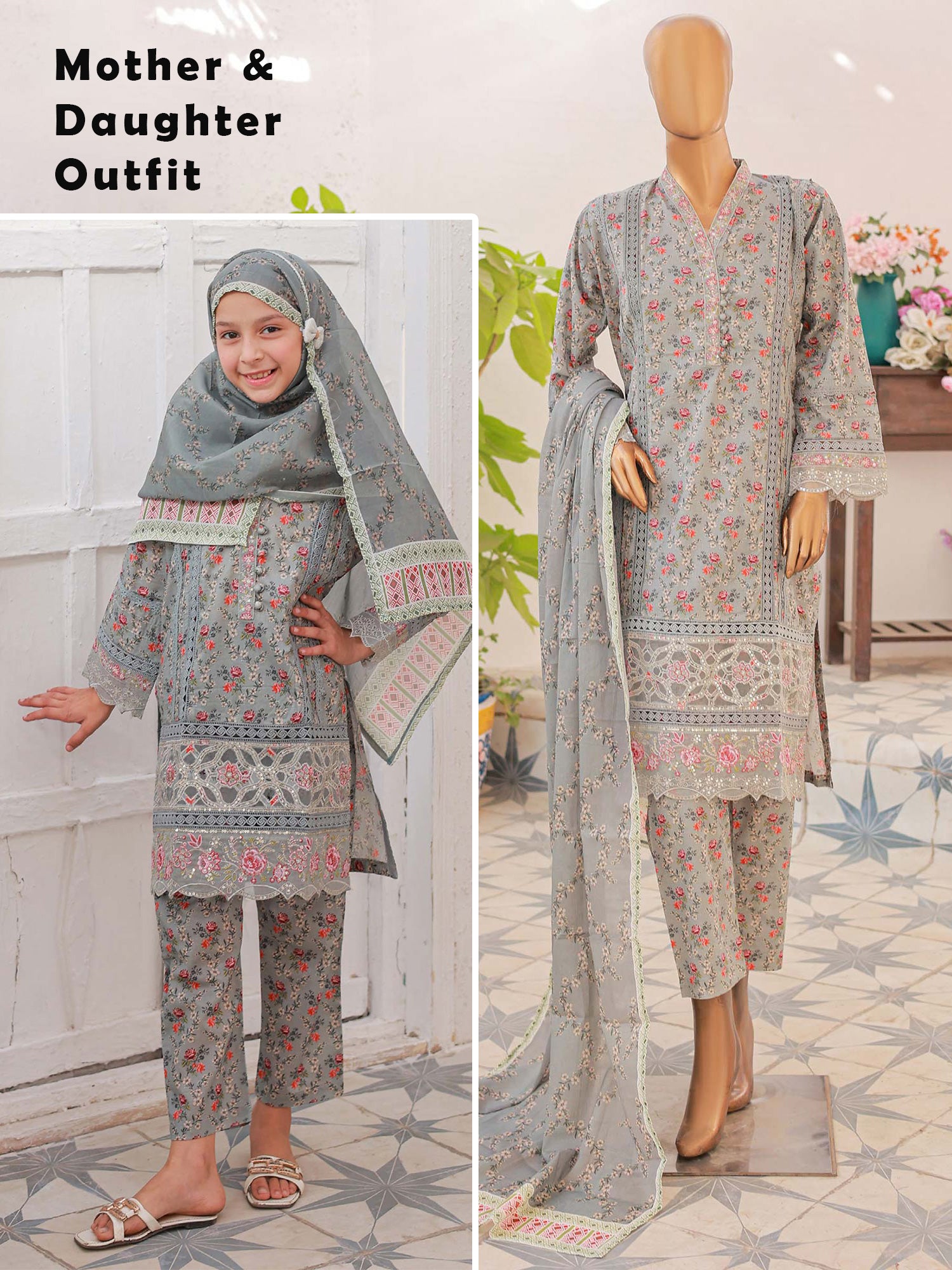 Mother-Daughter Lawn Casual 3-Piece Suit - Grey