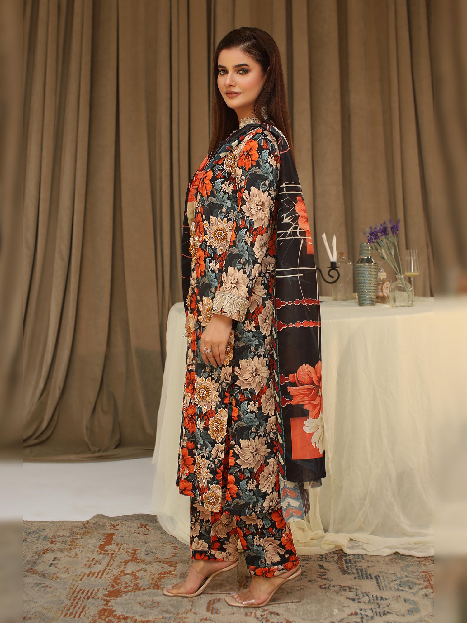 Black & Red Floral Digital Lawn-Cotton 3-Piece Suit