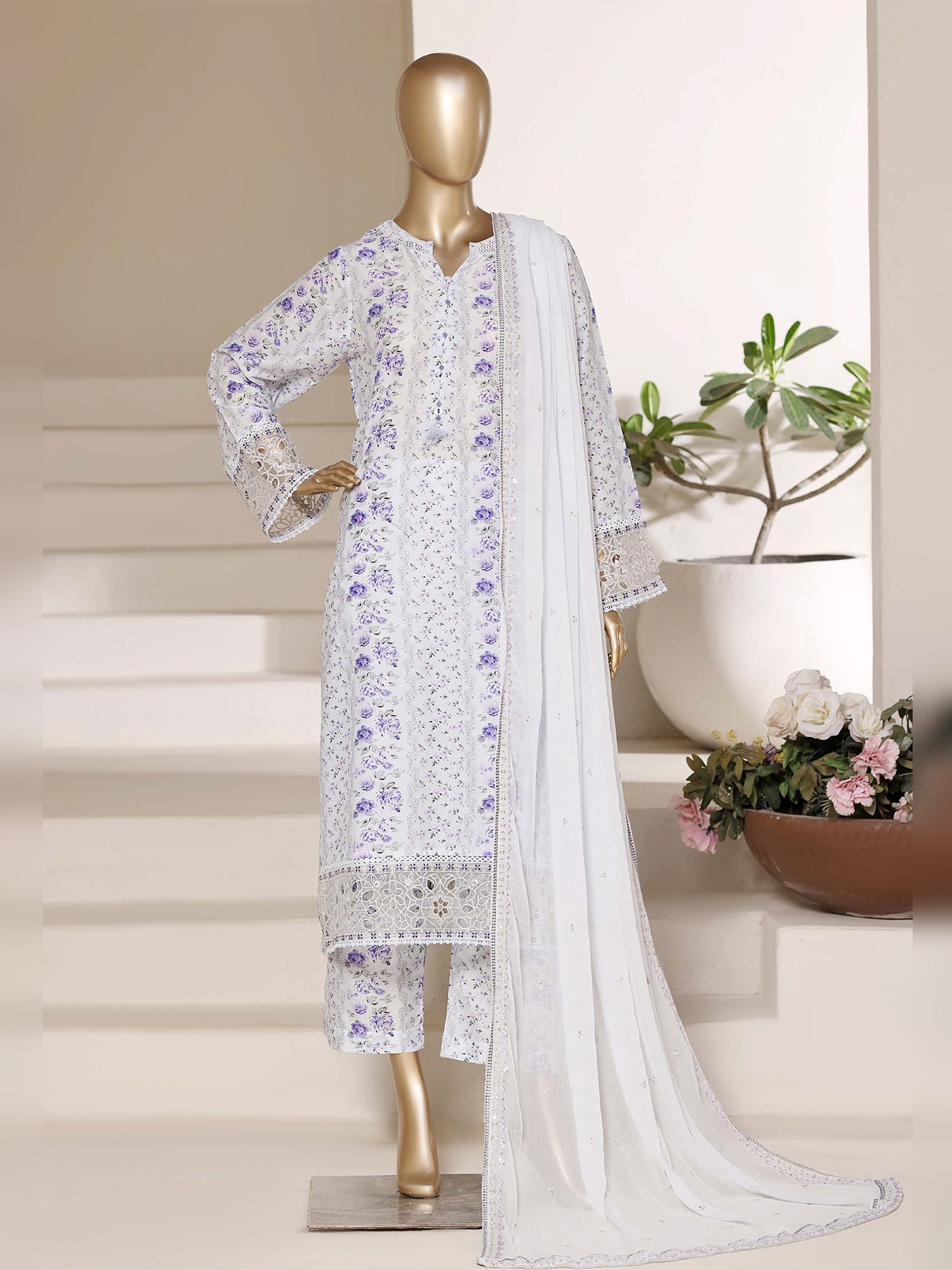 Sadabahar "Regal" Embroidered Lawn 3-Piece Suit - White