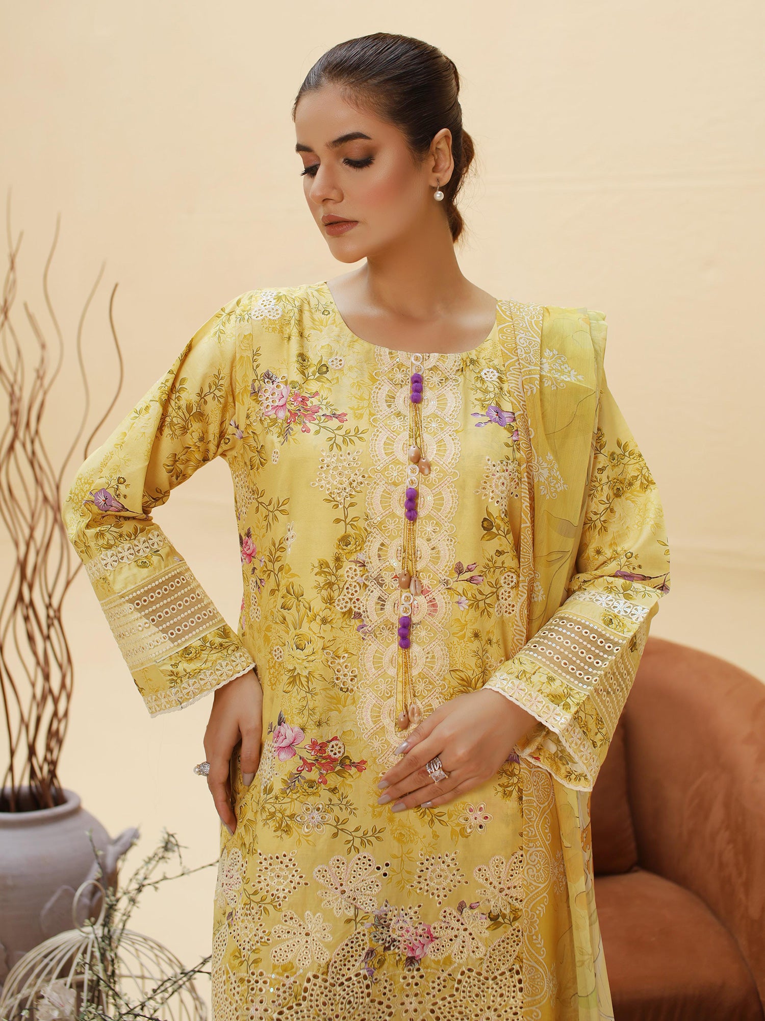 Yellow Schiffli Embroidered Lawn-Cotton 3-Piece Suit