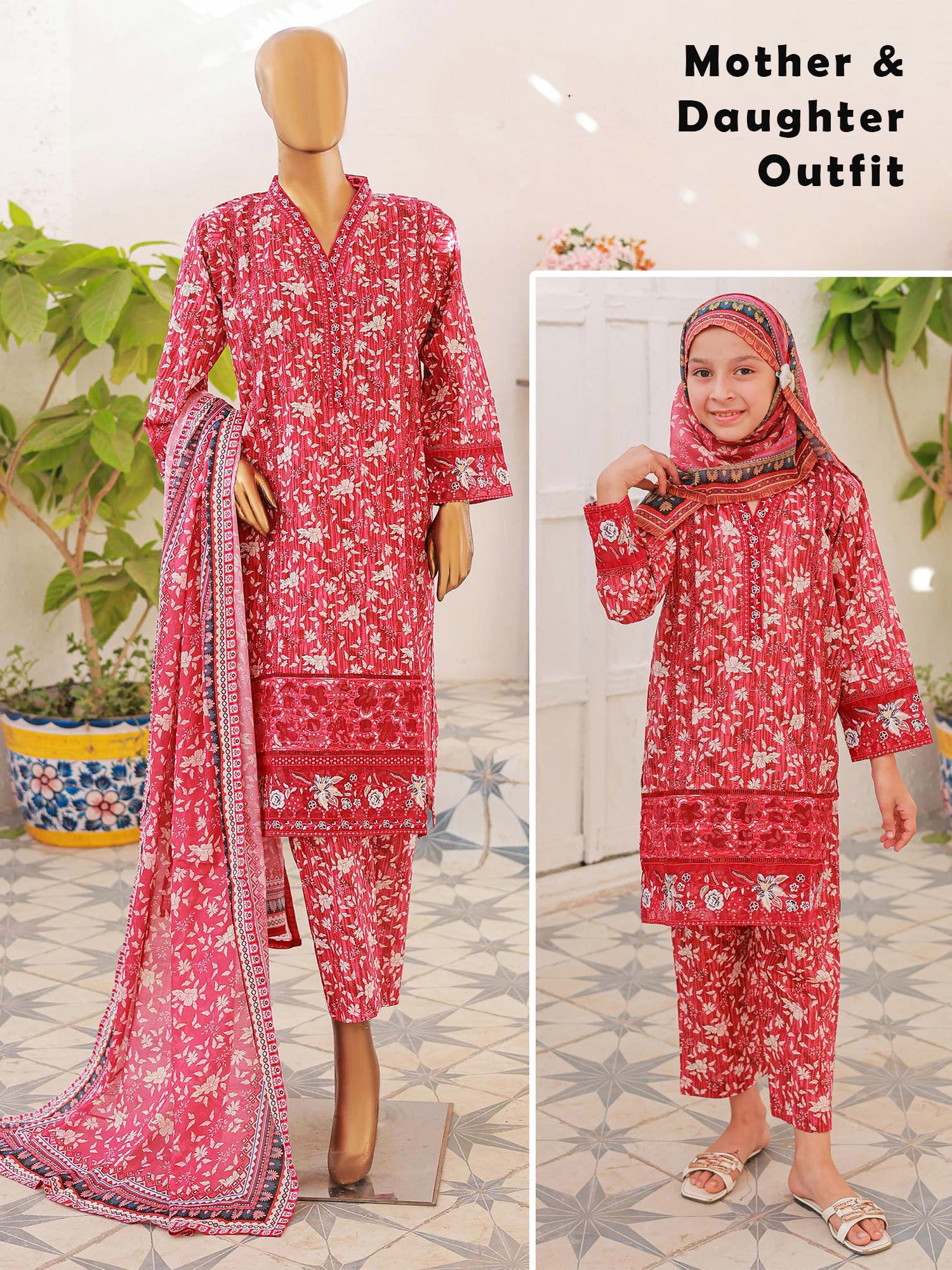 Mother-Daughter Lawn Casual 3-Piece Suit - Pink