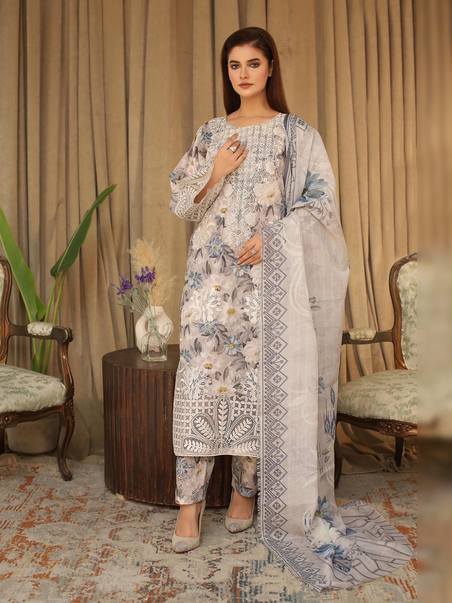 Light Grey Digital Lawn-Cotton 3-Piece Suit