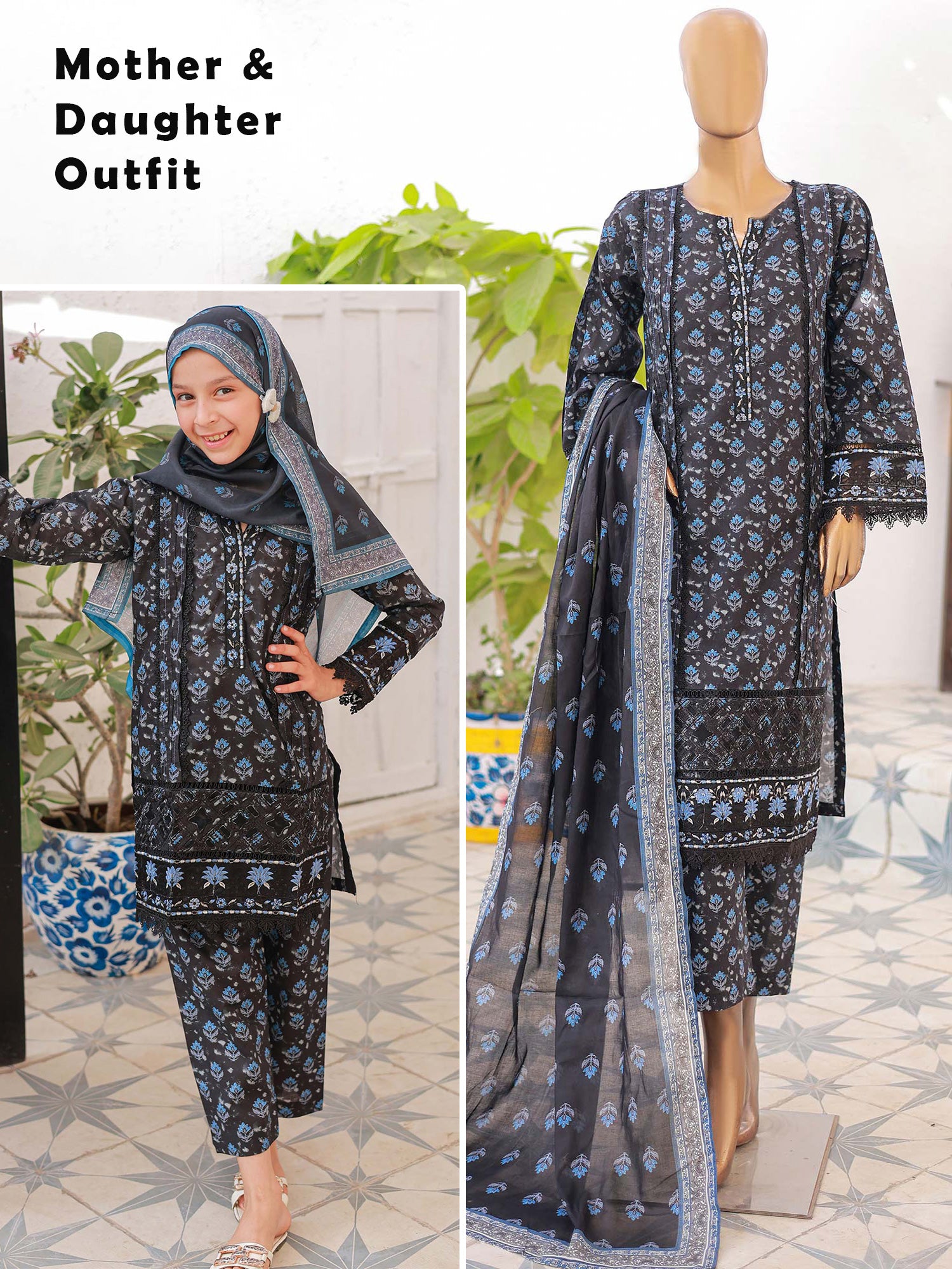 Mother-Daughter Lawn Casual 3-Piece Suit - Charcoal