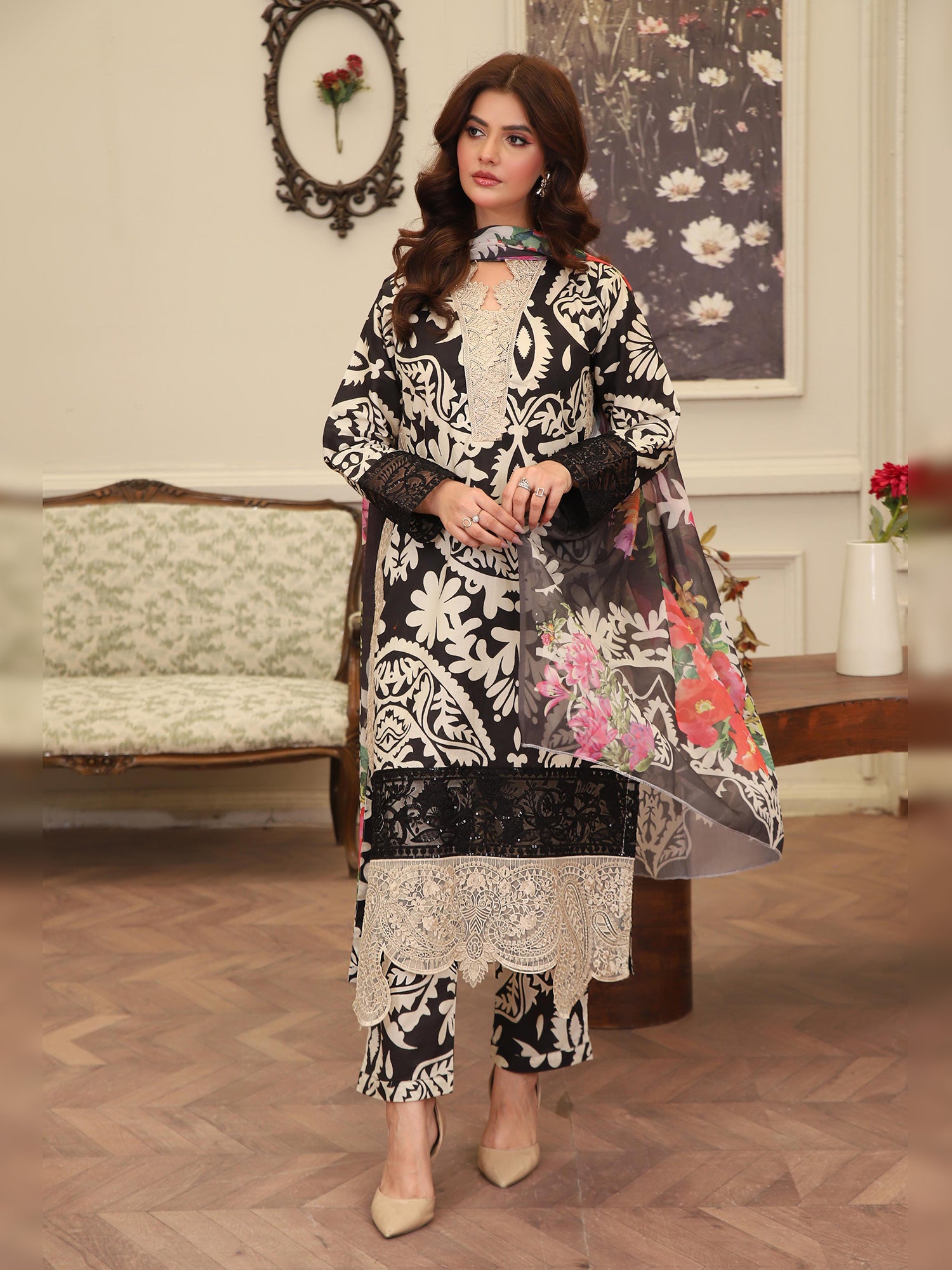 Black & Beige Damask Digital Print Lawn-Cotton 3-Piece Suit