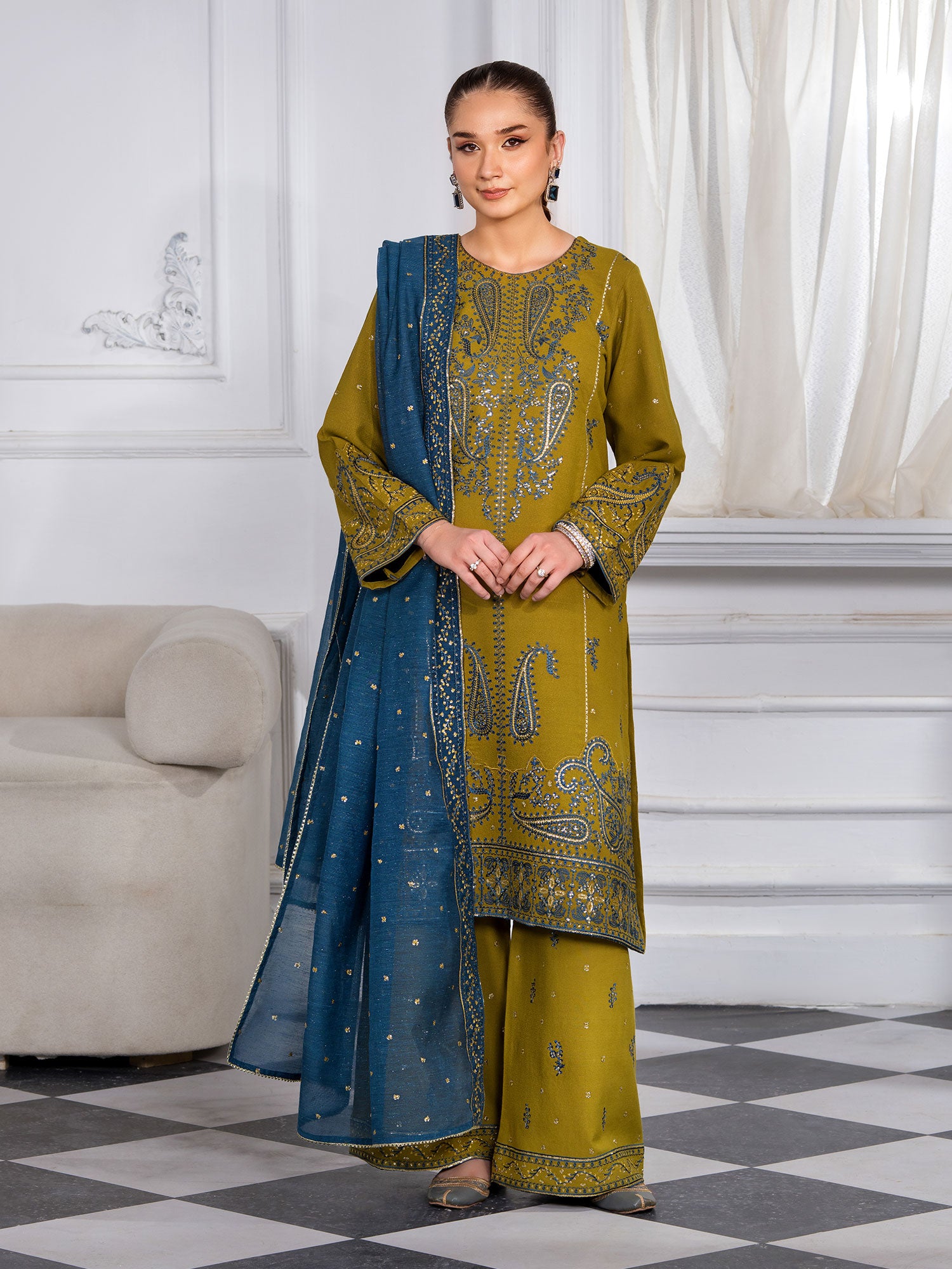 Heera's Embroidered Dhanak Masoori 3-Piece Suit - Golden Mirage