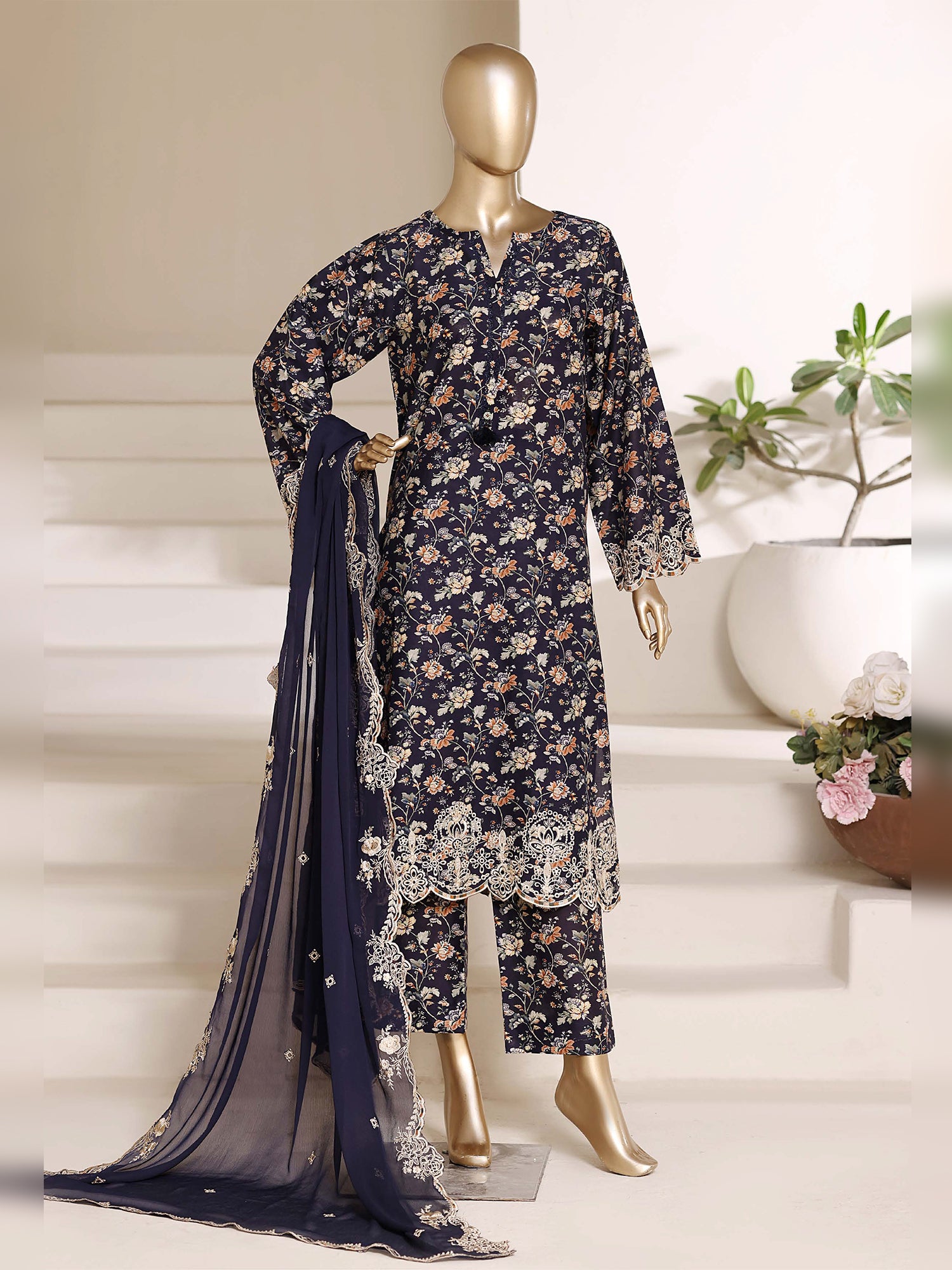 Sadabahar "Regal" Embroidered Lawn 3-Piece Suit - Navy Blue