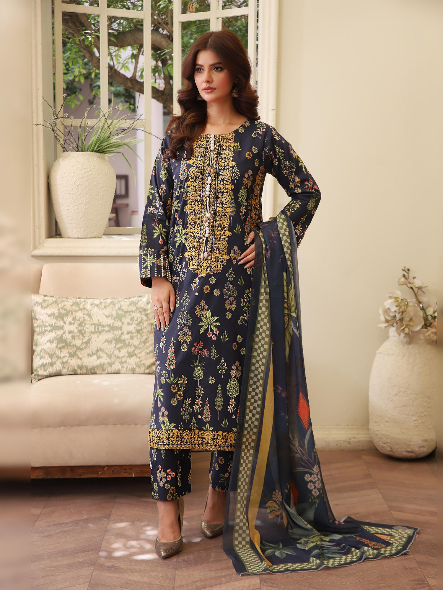 Navy Digital Print Lawn-Cotton 3-Piece Suit