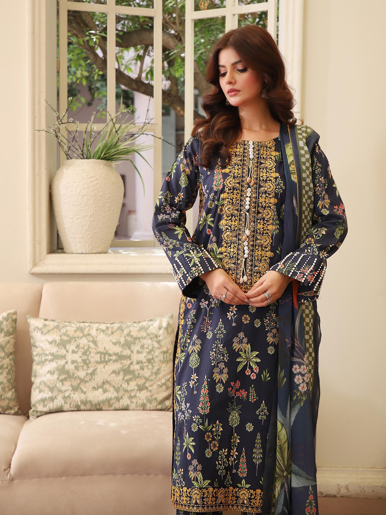 Navy Digital Print Lawn-Cotton 3-Piece Suit
