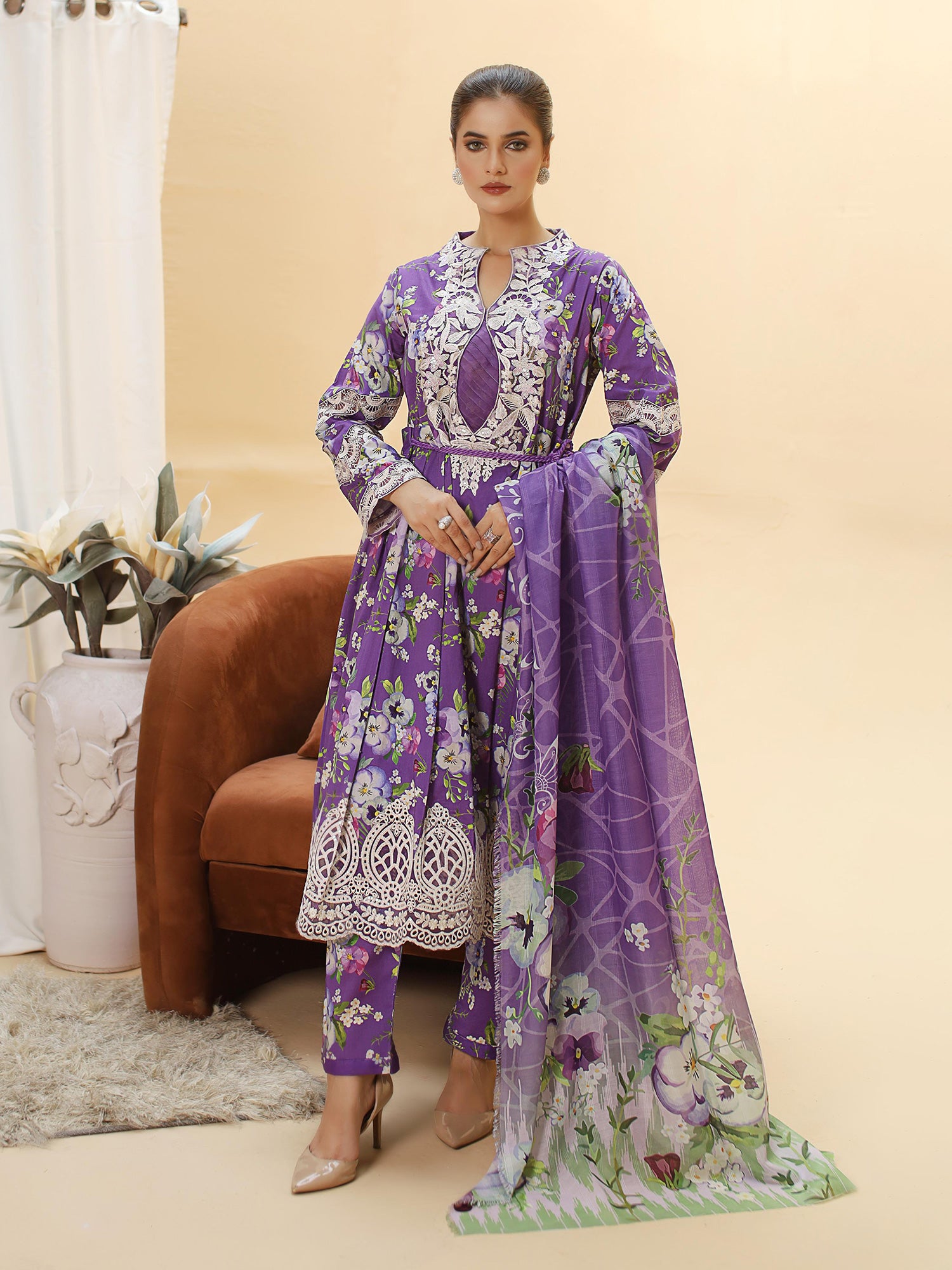 Purple Embroidered Lawn-Cotton 3-Piece Frock Suit
