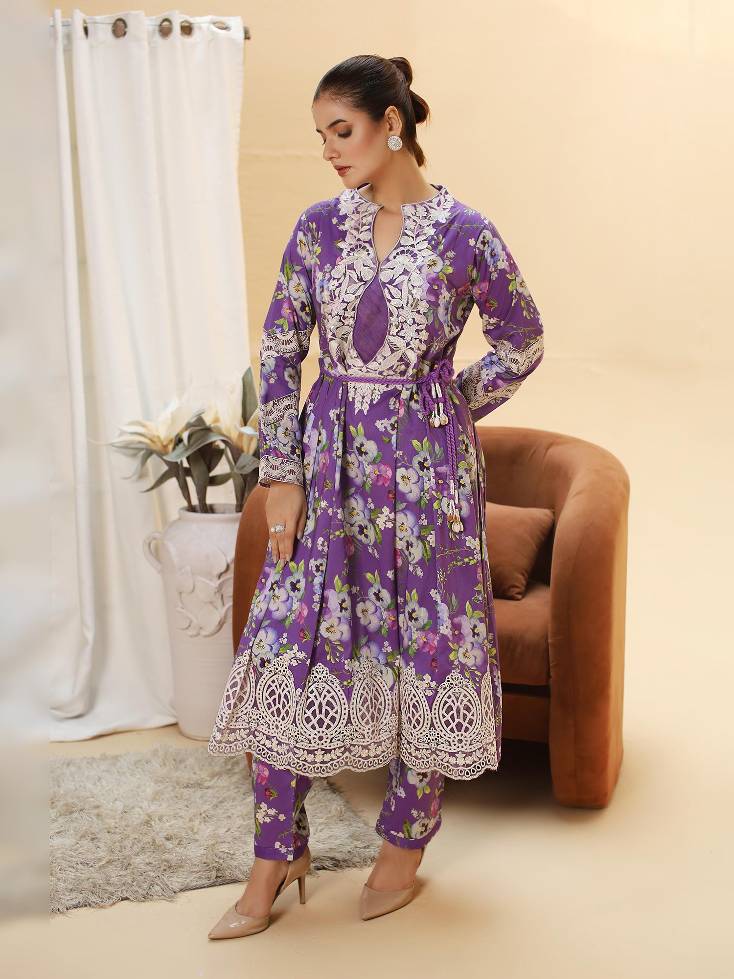 Purple Embroidered Lawn-Cotton 3-Piece Frock Suit