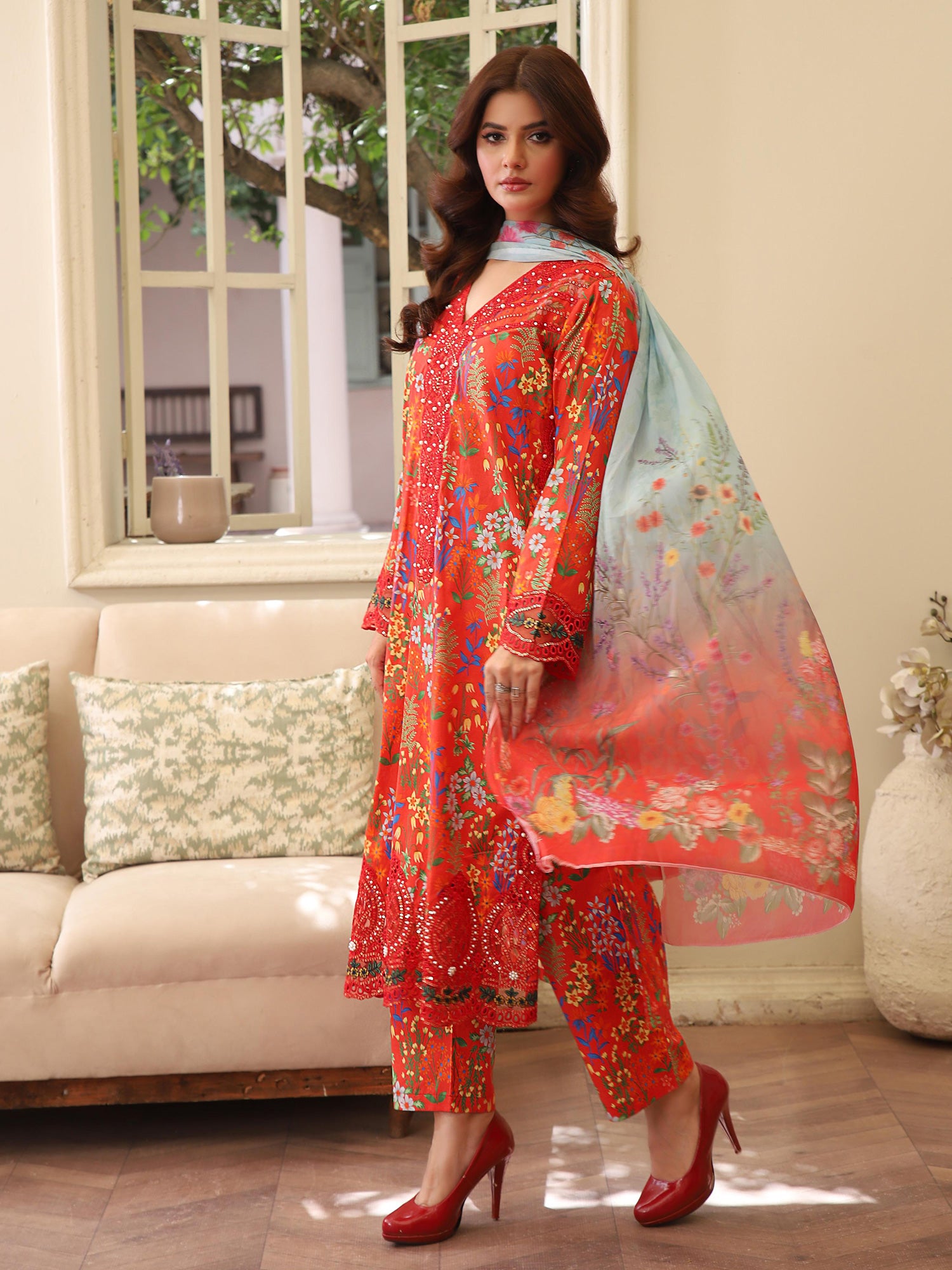 Deep Orange Digital Print Lawn-Cotton 3-Piece Suit