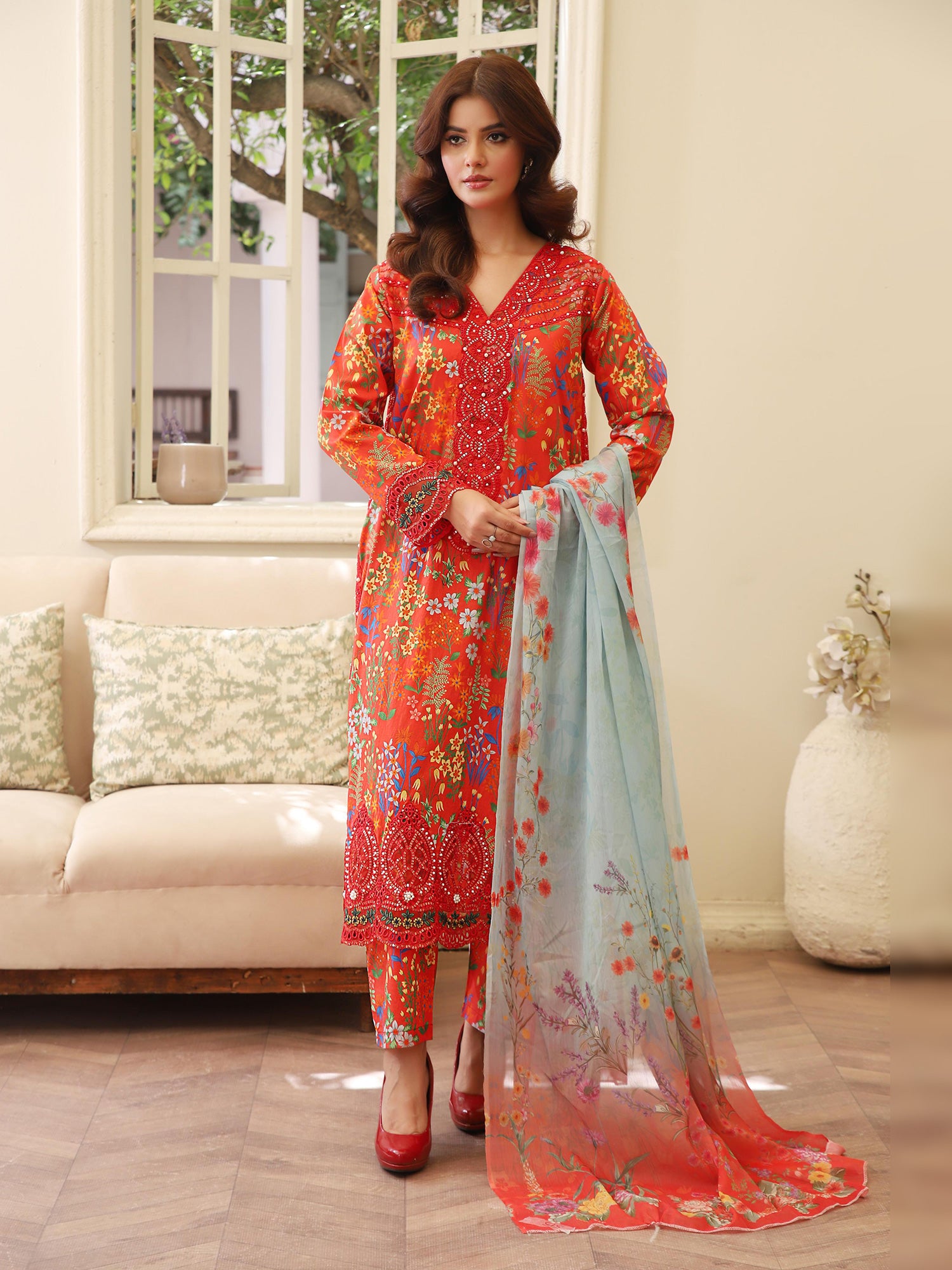 Deep Orange Digital Print Lawn-Cotton 3-Piece Suit