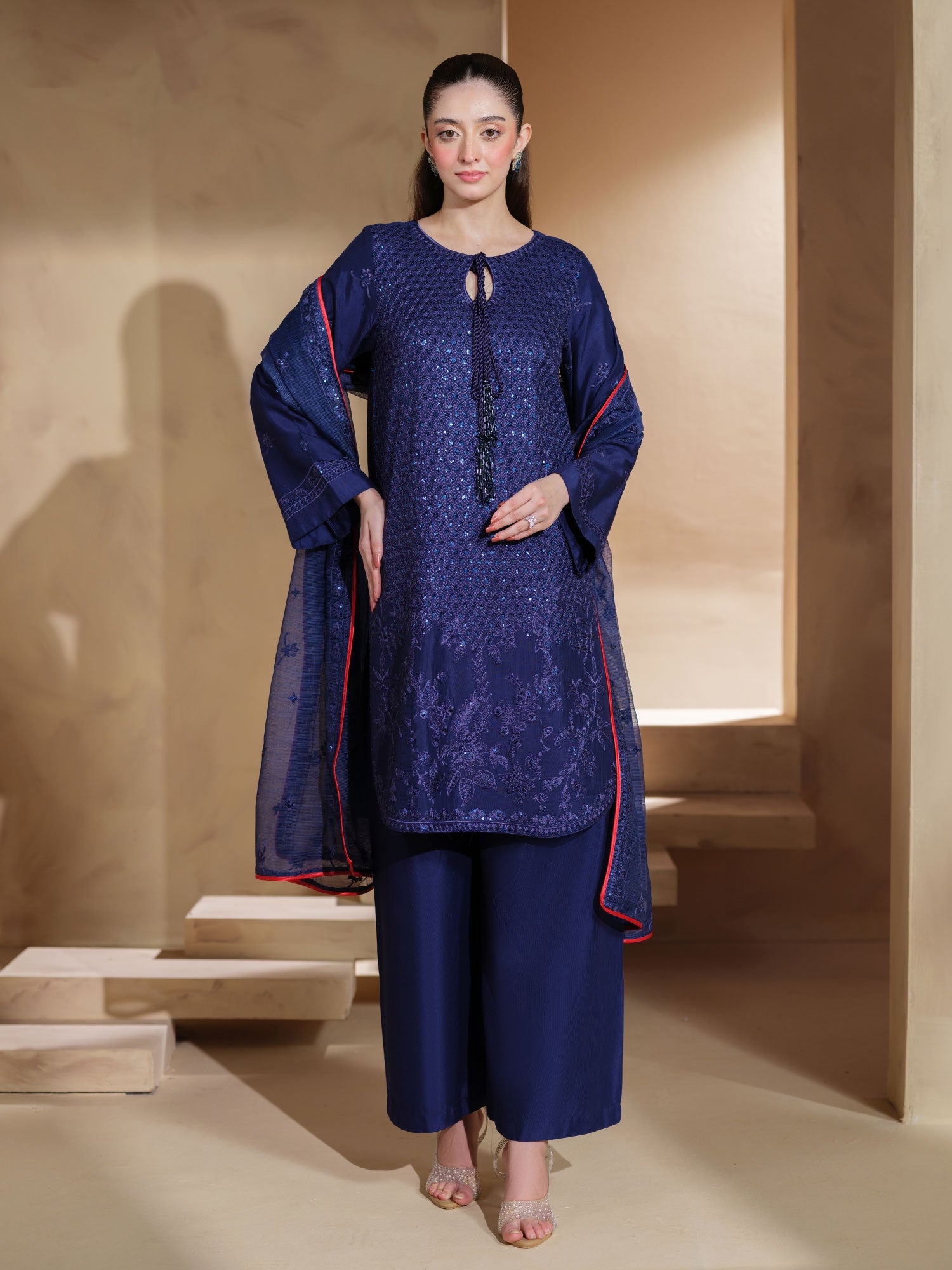 Heera's Embroidered Viscose 3-Piece Suit - Celestial Blue