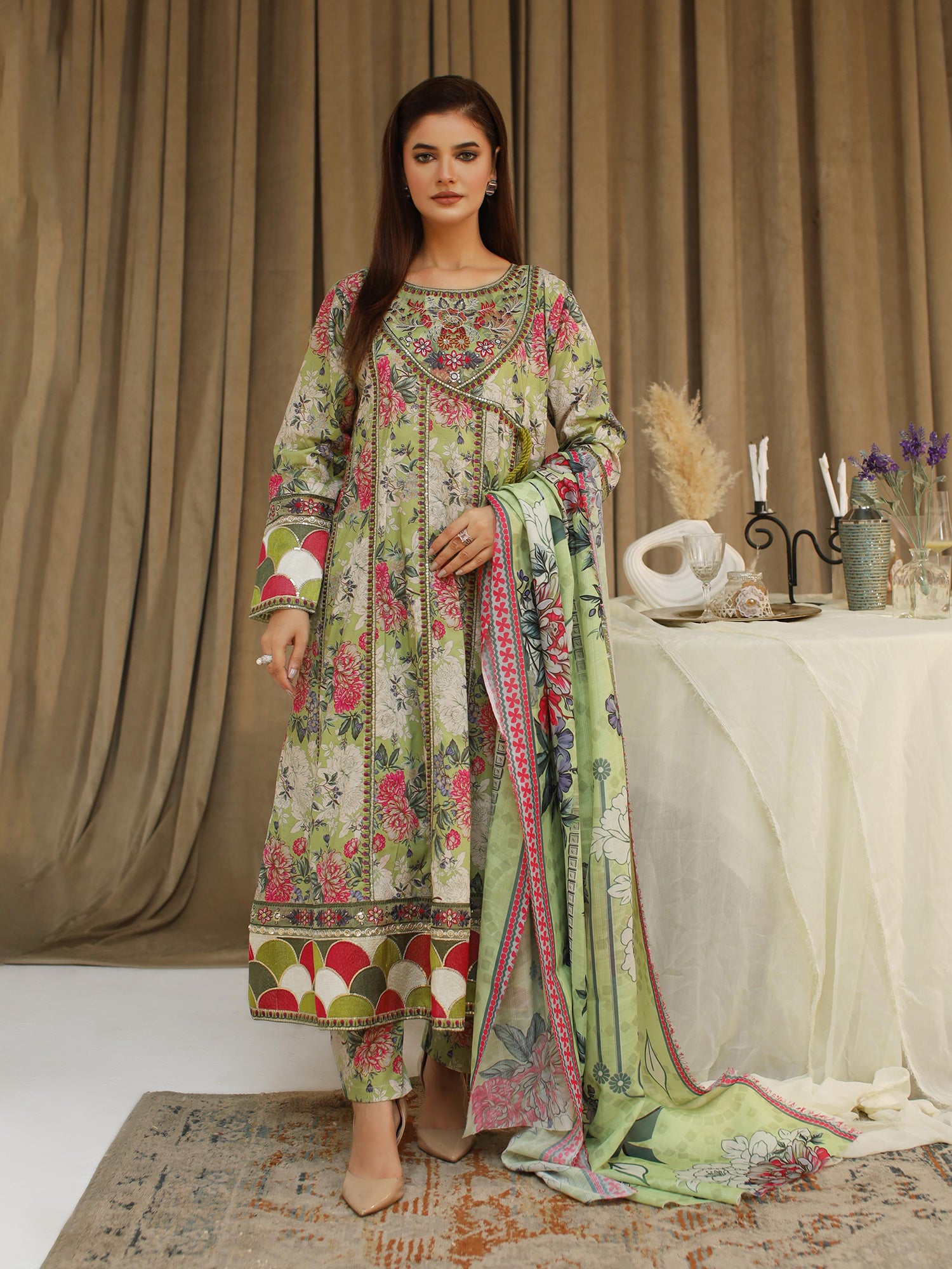Green Long Angrakha Digital Lawn-Cotton 3-Piece Suit