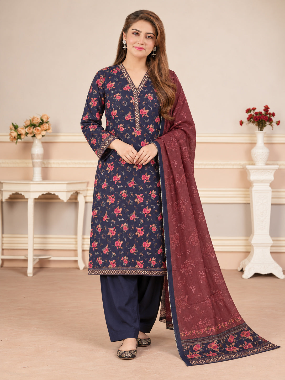 MOMINA Shalwar Kameez in Soft Premium Printed Lawn - Dark Indigo