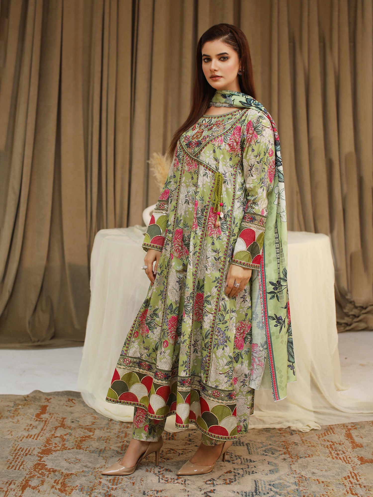 Green Long Angrakha Digital Lawn-Cotton 3-Piece Suit
