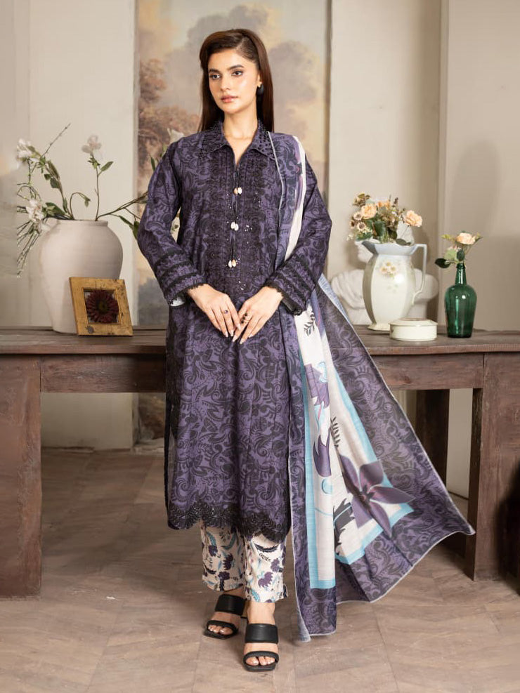 Deep Purple Embroidered Winter Cotton Suit