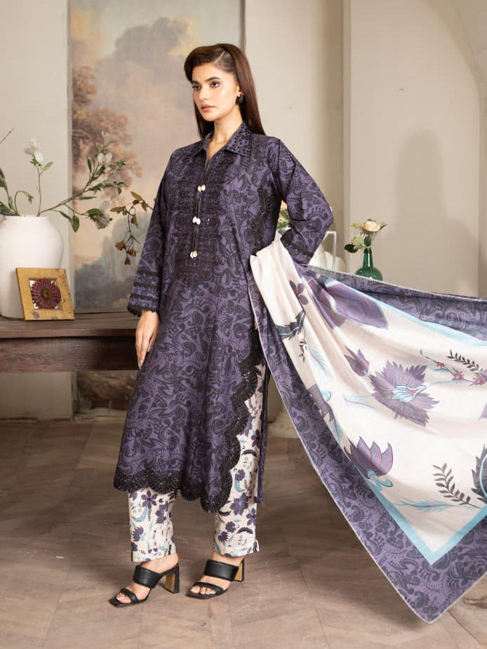 Deep Purple Embroidered Winter Cotton Suit