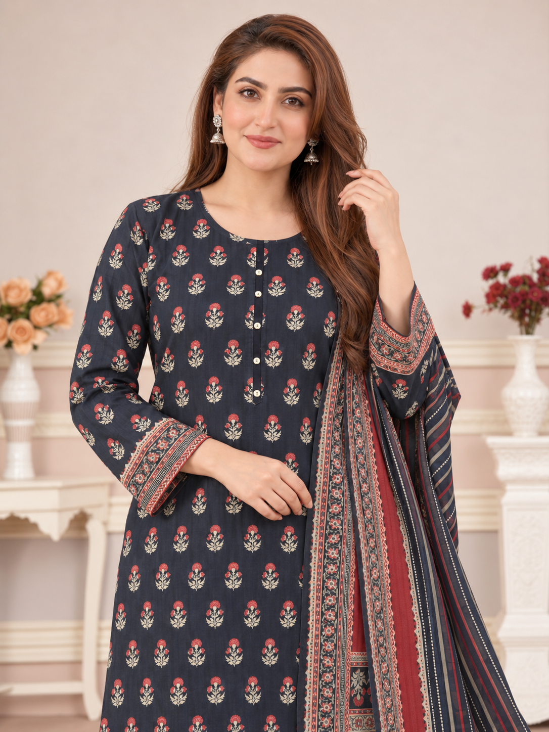 MOMINA Shalwar Kameez in Soft Premium Printed Lawn - Deep Navy
