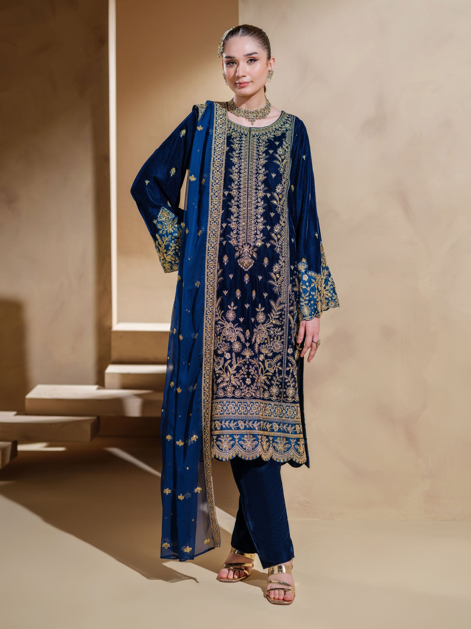 Heera's Premium Velvet 3-Piece Suit - Veluto Blu Reale Velvet