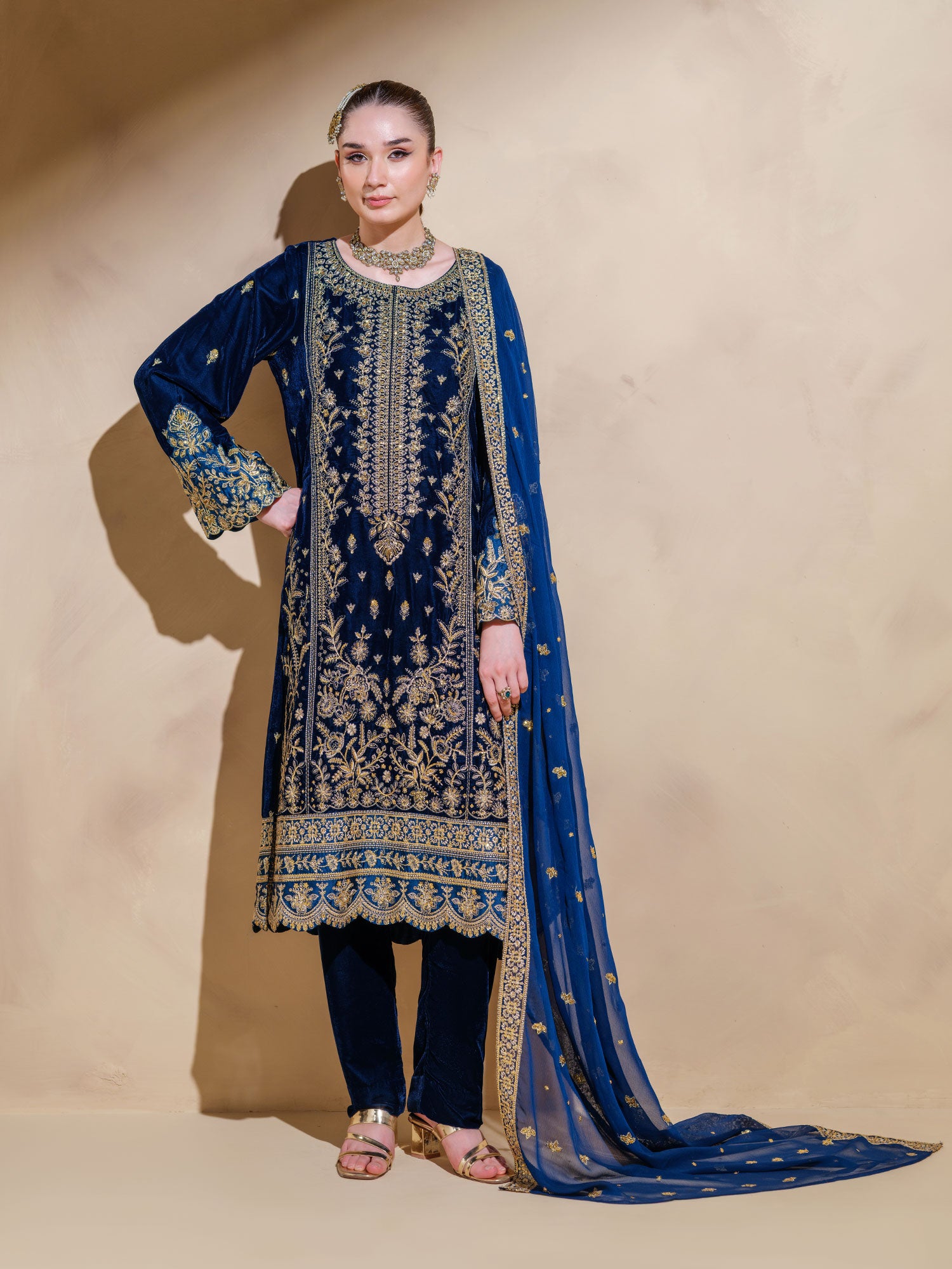Heera's Premium Velvet 3-Piece Suit - Veluto Blu Reale Velvet