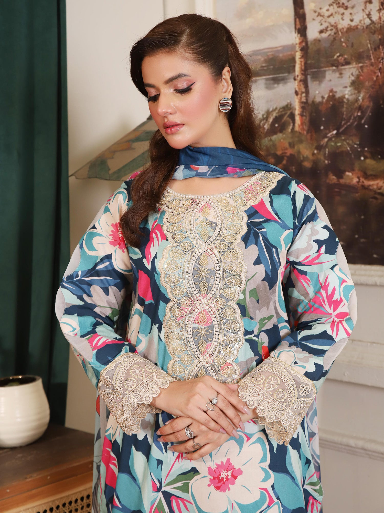 Blue Digital Print Lawn-Cotton 3-Piece Suit