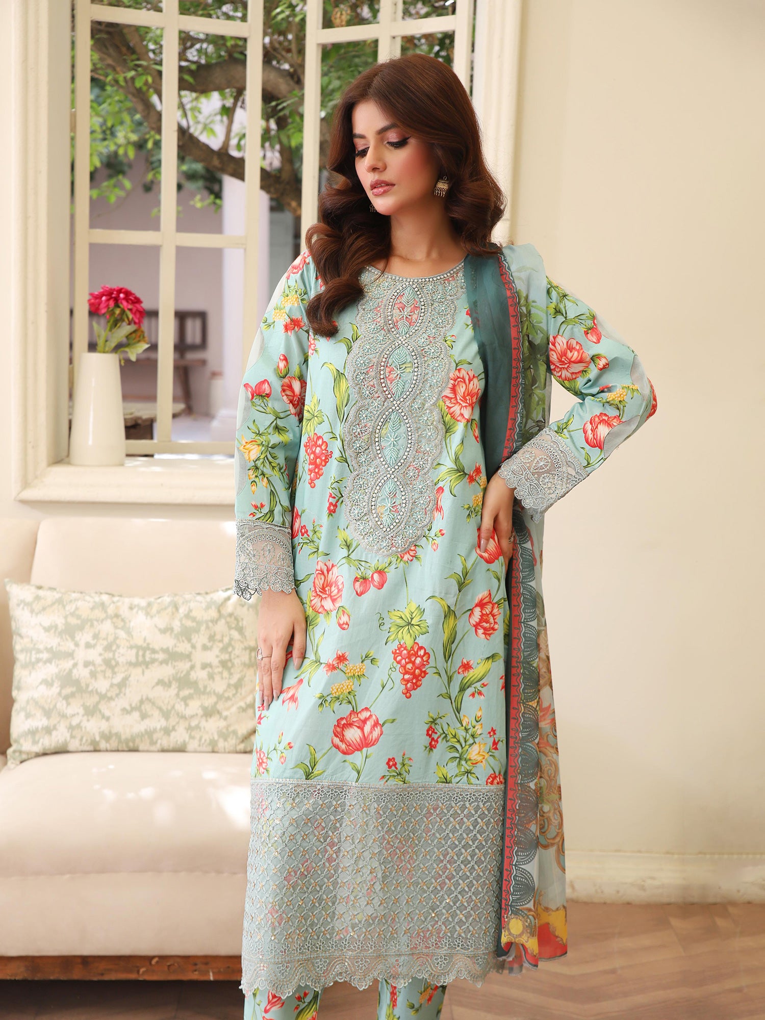 Mint Green Digital Print Lawn-Cotton 3-Piece Suit