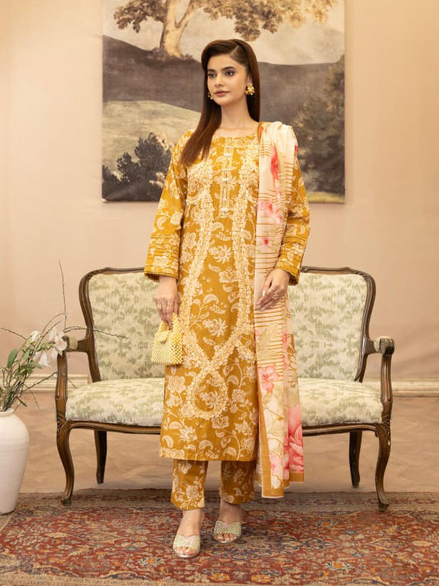 Dark Mustard Embroidered Winter Cotton Suit