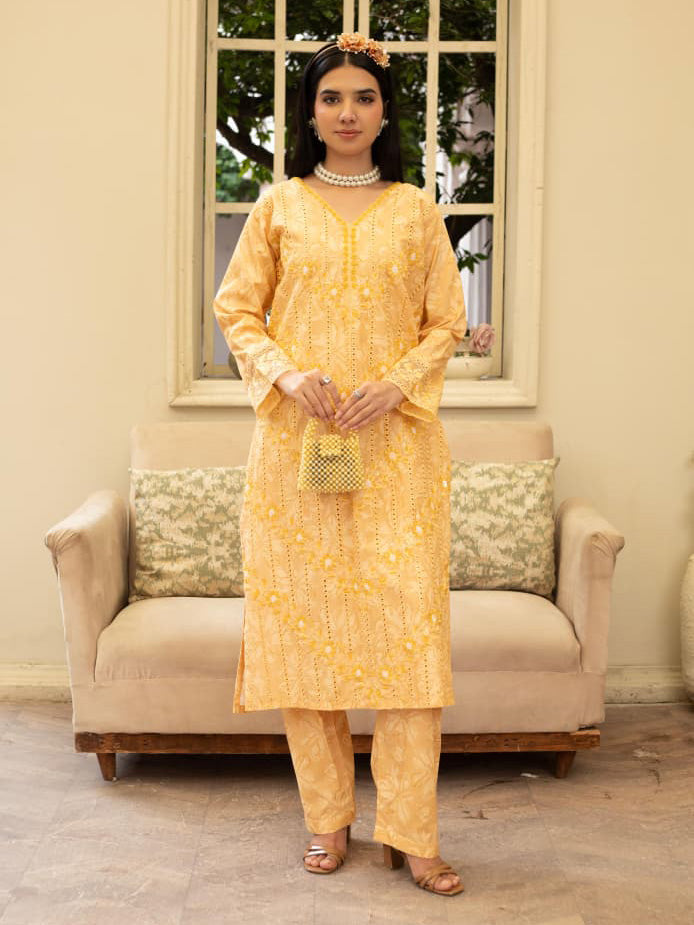 Lemon Yellow Embroidered Winter Cotton Chikankari Suit