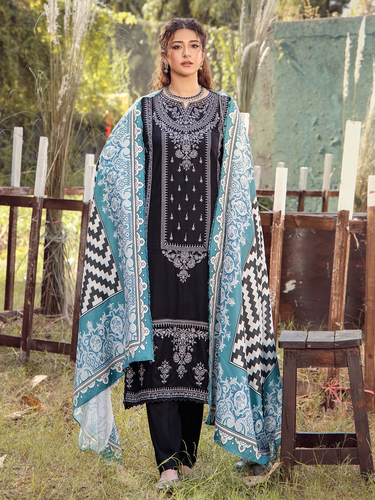 Adan's Libas Embroidered Linen Suit with Wool Shawl - Black