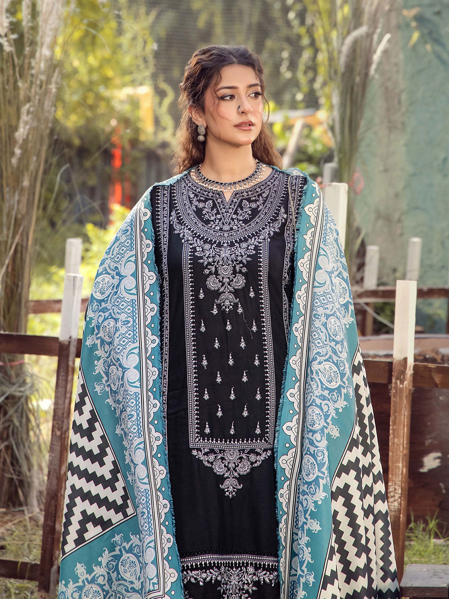 Adan's Libas Embroidered Linen Suit with Wool Shawl - Black