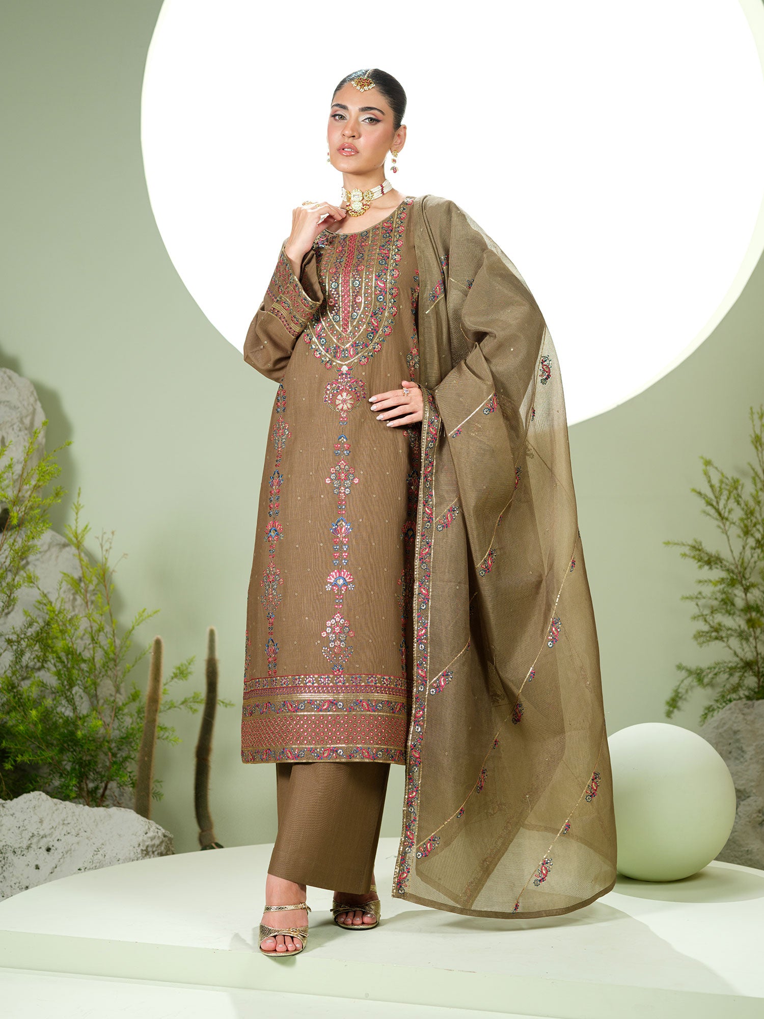 Heera's Embroidered Soft Khaddar 3-Piece Suit - Aurora Flavia