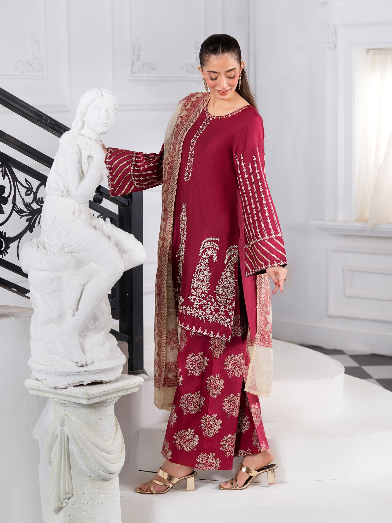 Heera's Embroidered Viscose 3-Piece Suit - Vintage Ruby