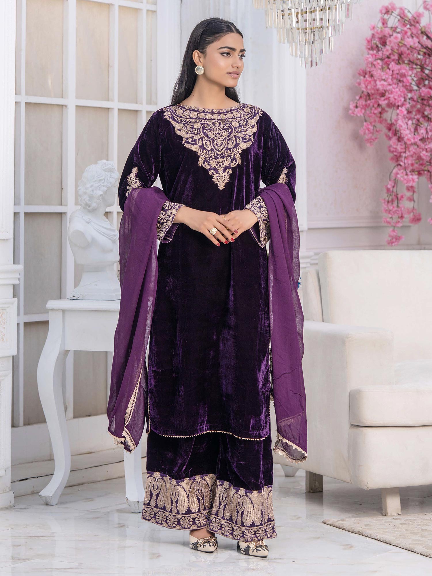 Rangz "Filhaal" Velvet Embroidered 3-Piece Suit - Purple