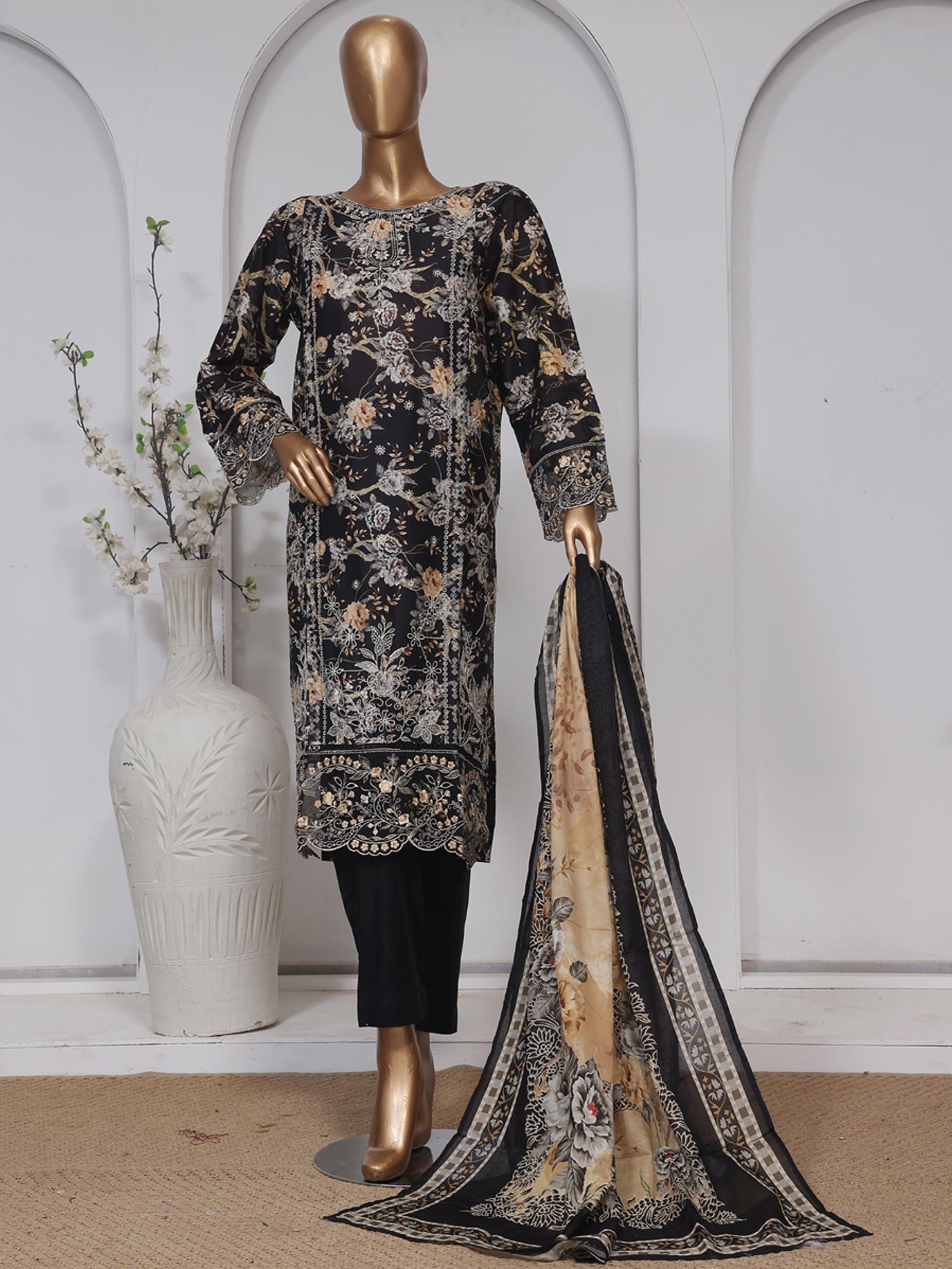 Bin Saeed Embroidered Premium Lawn 3-Piece Suit - Black