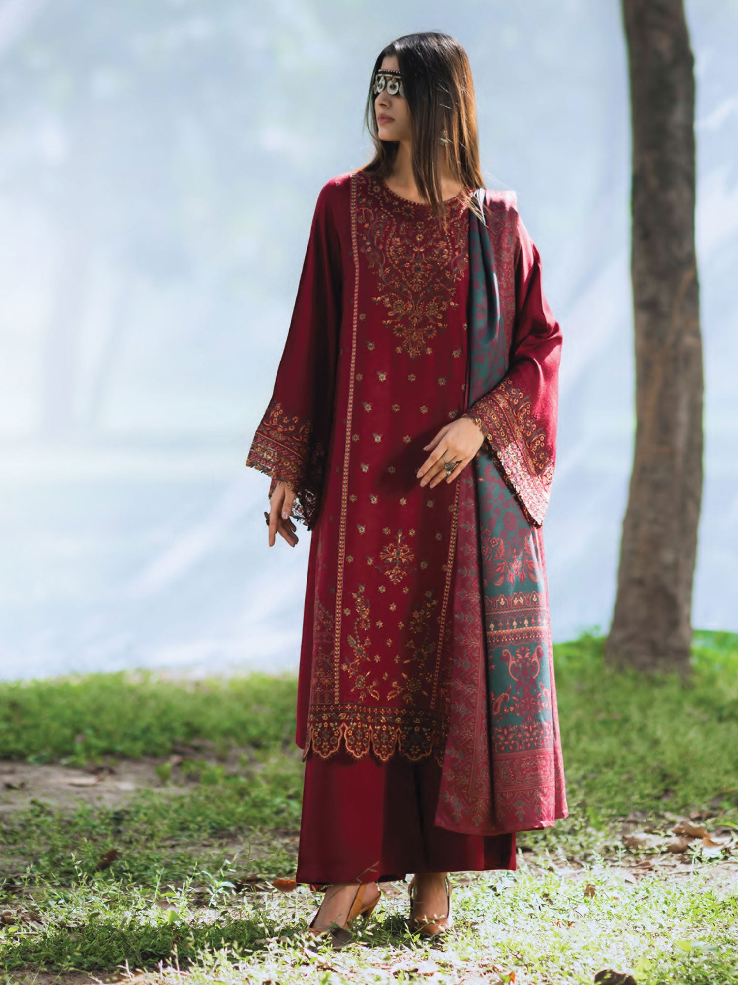 Casual Lite Winter Dhanak Suit with Pashmina Shawl - Dark Red
